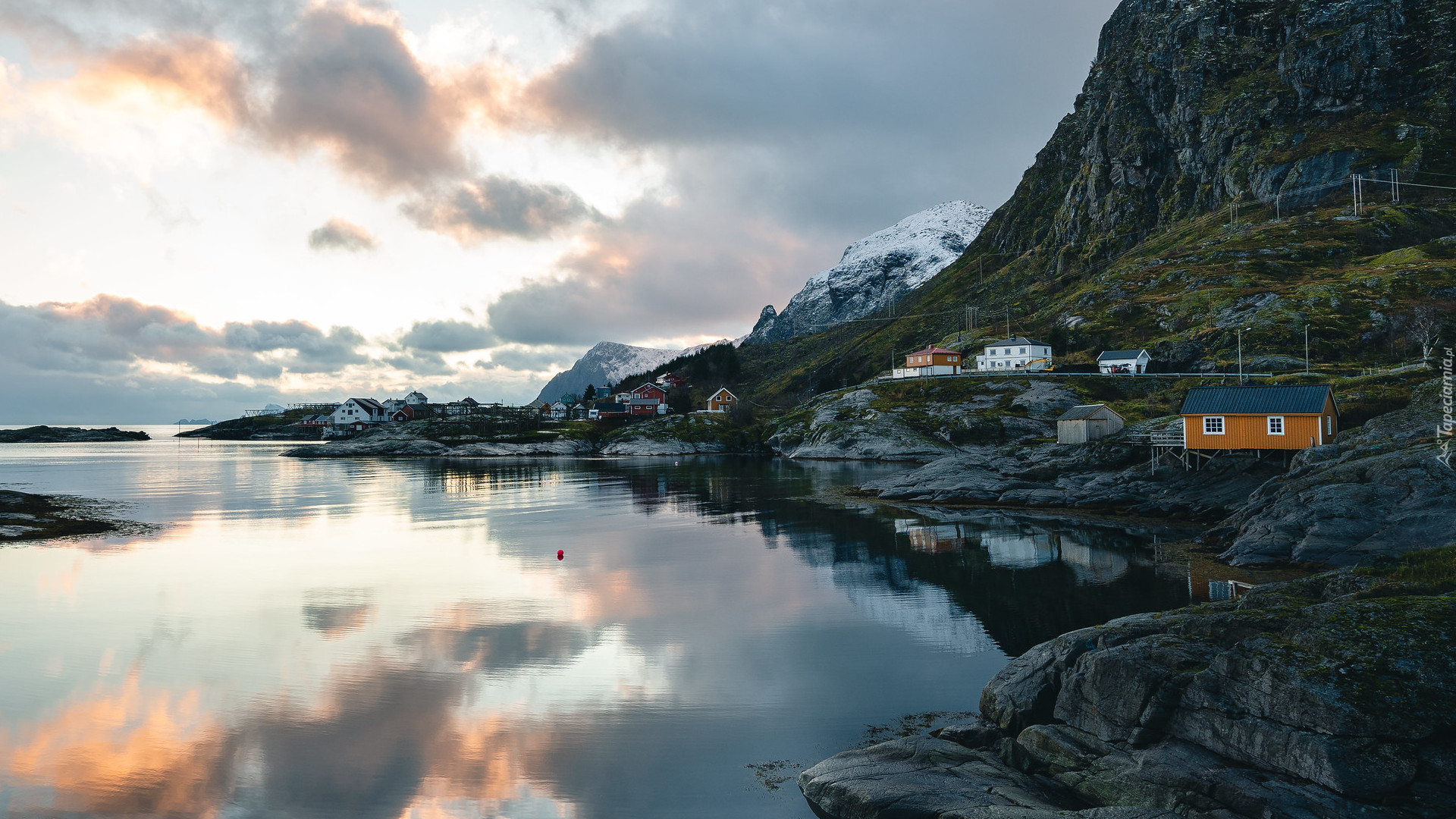 Morze, Góry, Skały, Wybrzeże, Domy, Norwegia