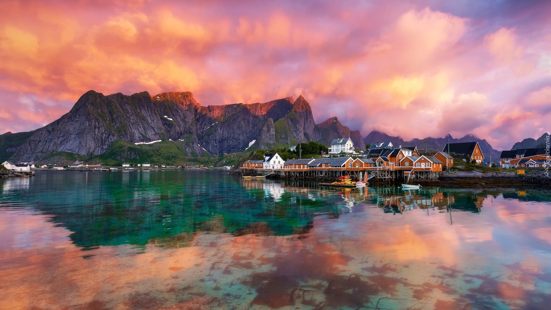 Norwegia, Lofoty, Morze, Góry, Domy, Kolorowe, Niebo
