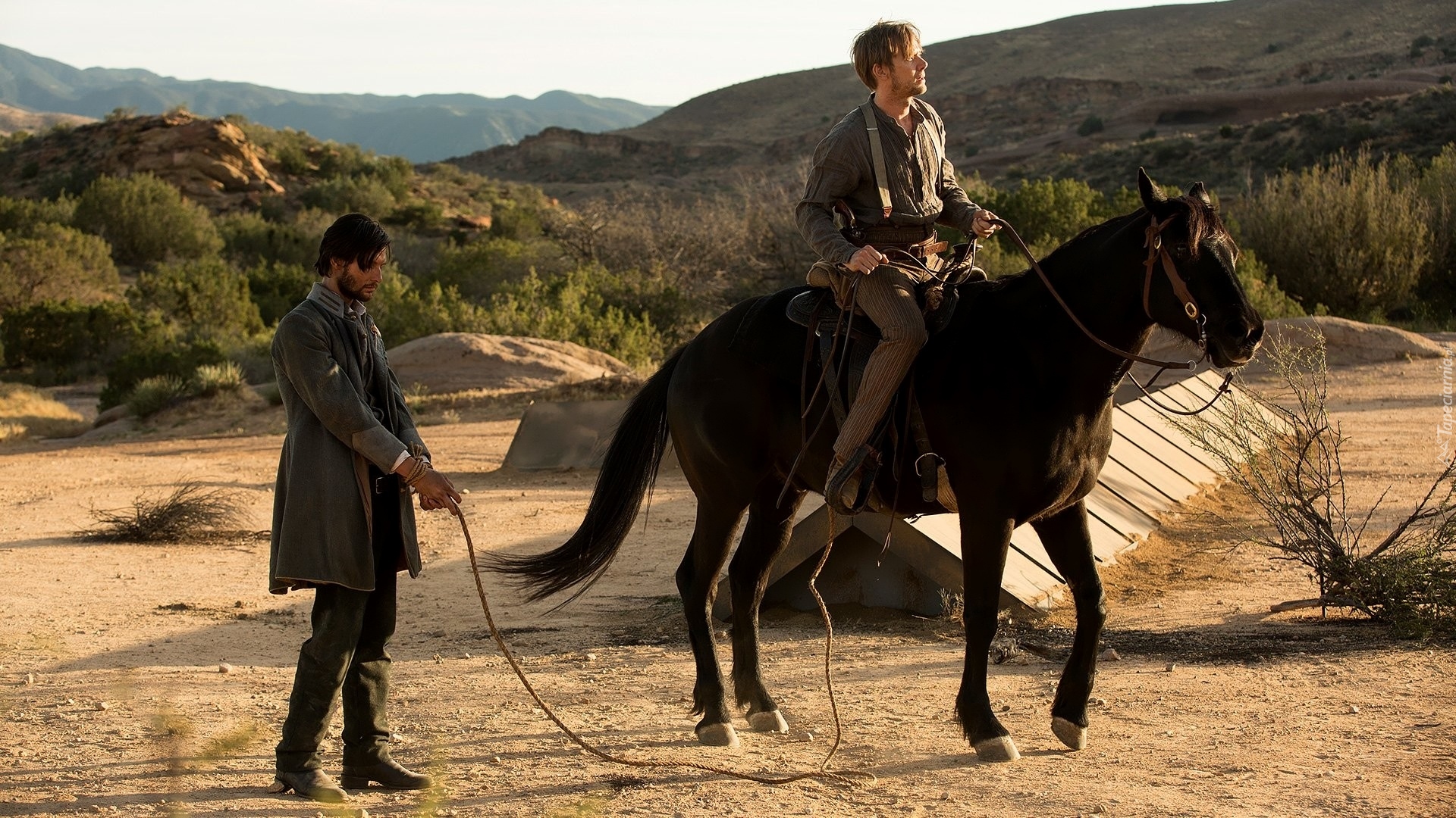 Serial, Westworld, Bohaterowie, Logan, Aktor, Ben Barnes, William, Aktor, Jimmi Simpson, Koń