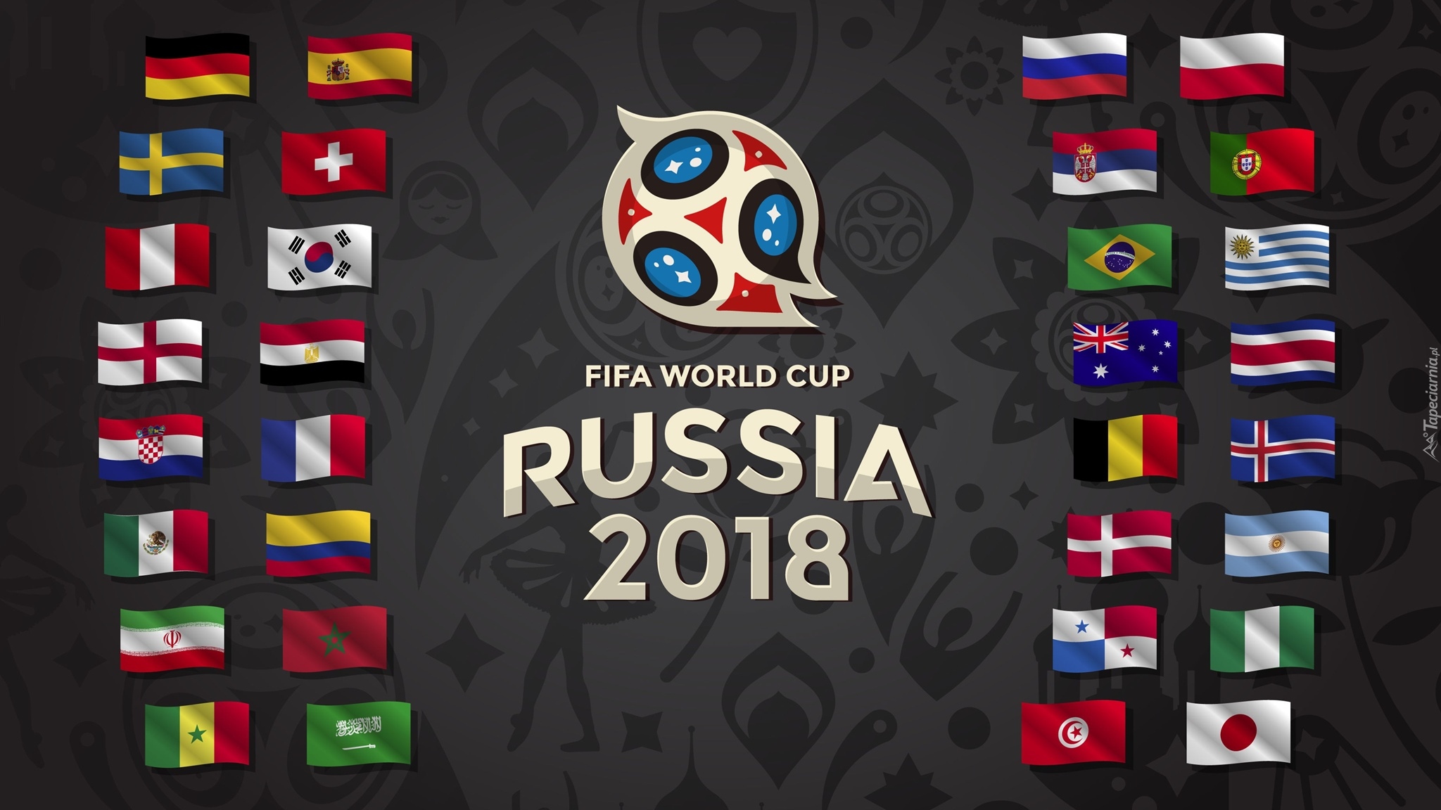 Mistrzostwa Świata, Rosja 2018, Mundial, Piłka nożna, Flagi, Logo