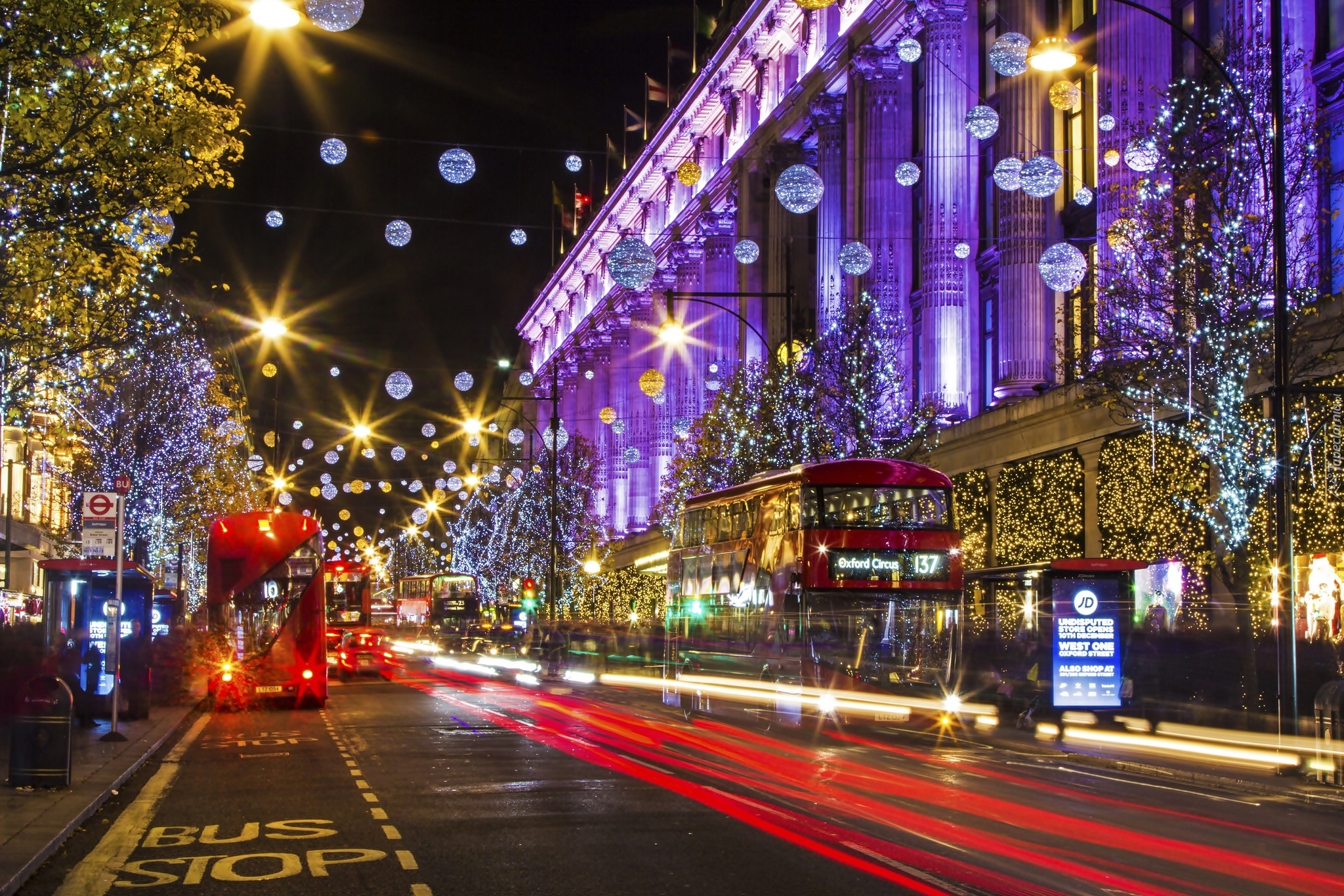 Londyn, Świątecznie, Samochody, Oświetlenie, Noc