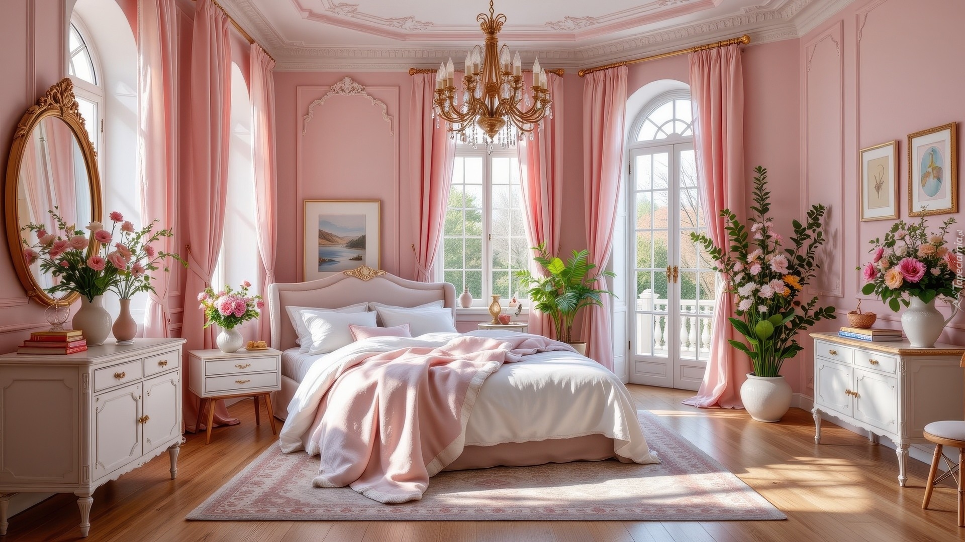 Sypialnia, Łóżko, Komody, Kwiaty, Bukiety, Lustro, Żyrandol, Różowe, Zasłony