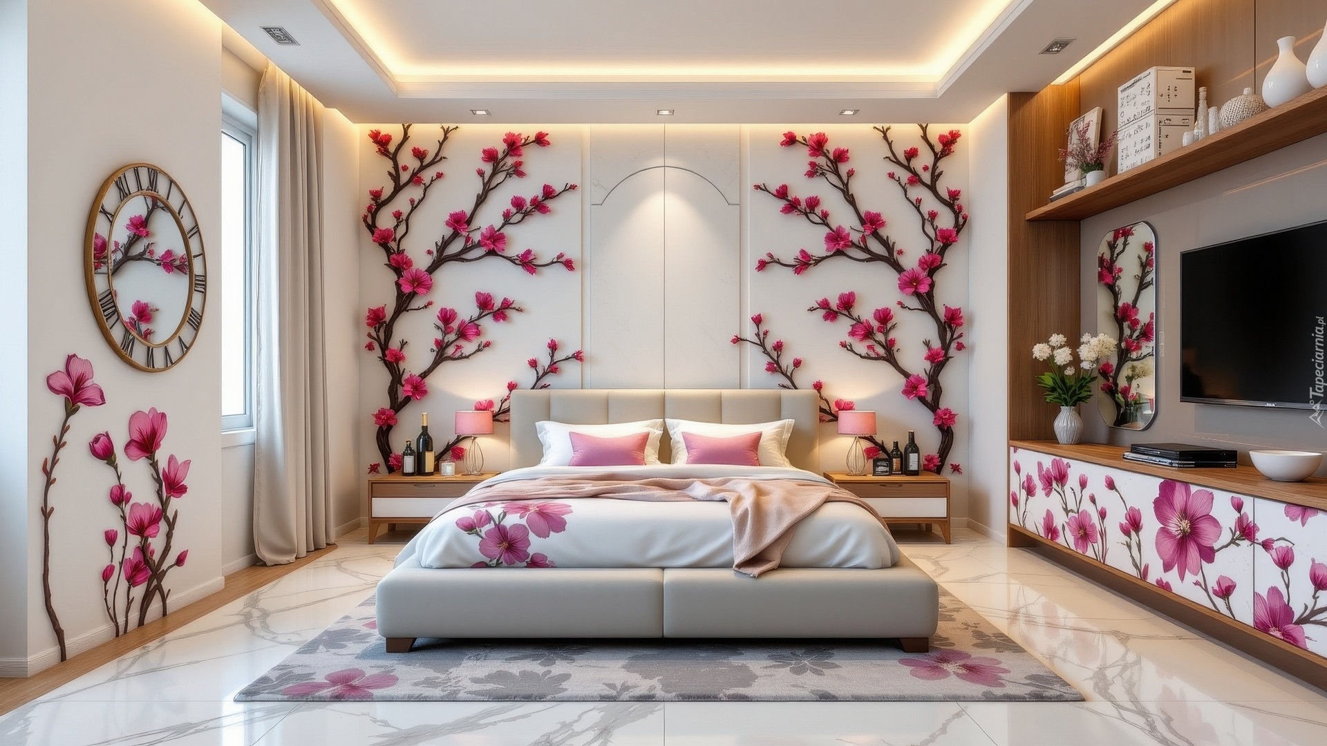 Sypialnia, Łóżko, Telewizor, Kwiatowe, Dekoracje, Lampki, Zegar