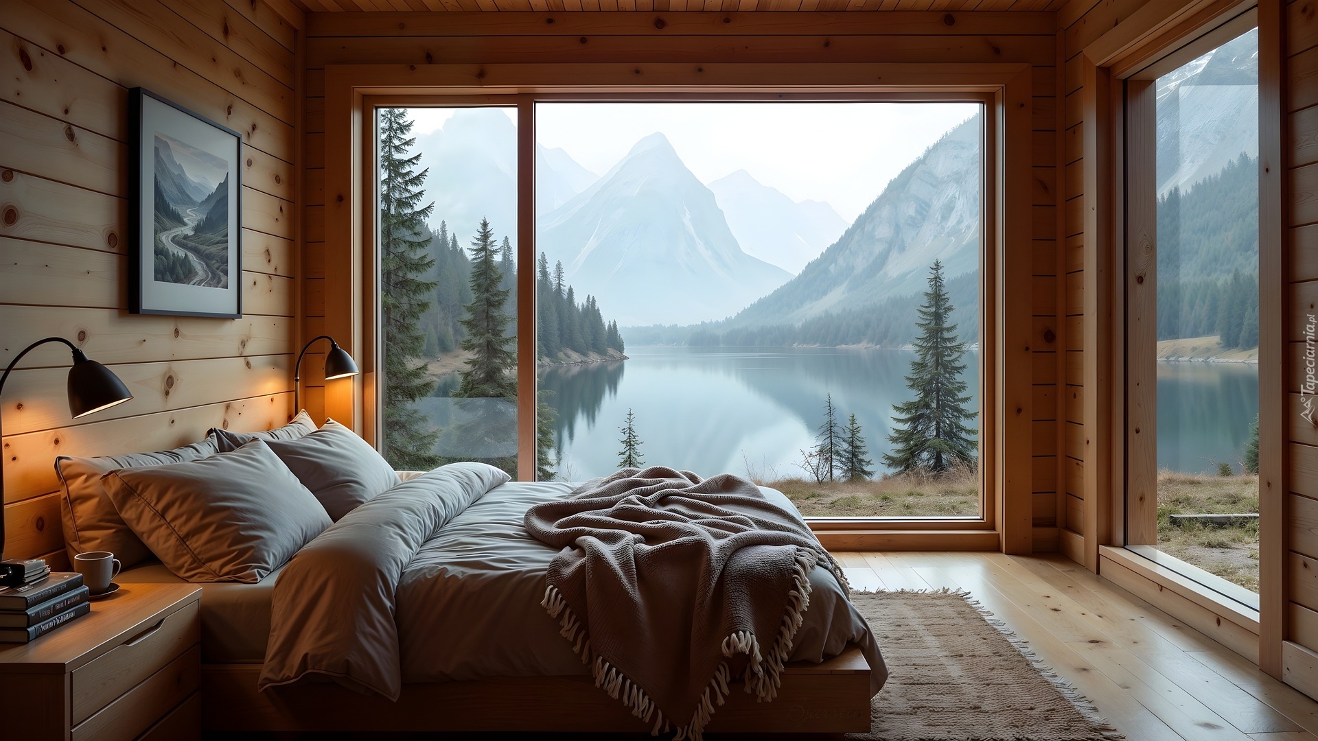 Sypialnia, Łóżko, Góry, Jezioro