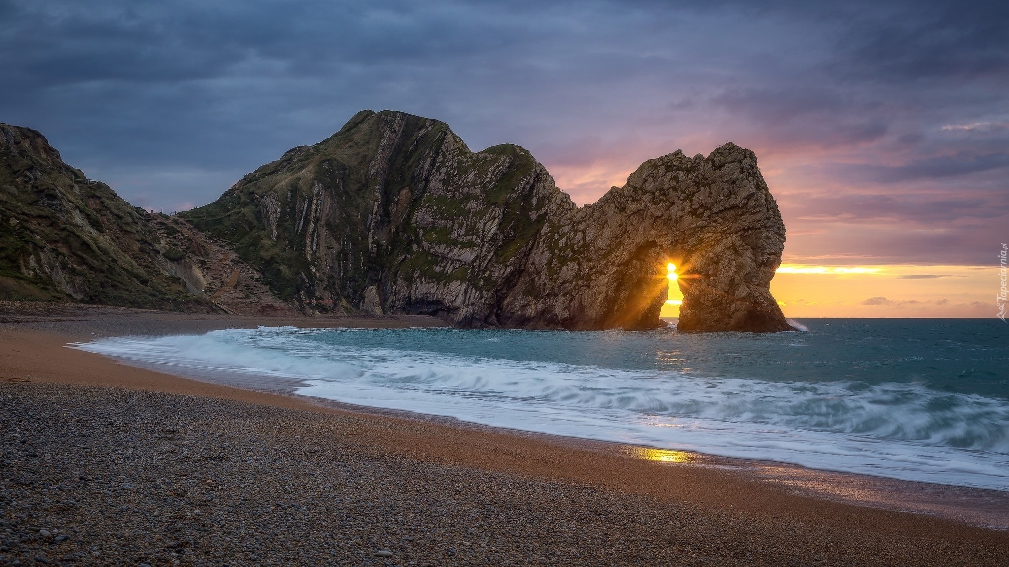 Anglia, Wybrzeże Jurajskie, Łuk Durdle Door, Kanał La Manche, Morze, Skały, Promienie słońca