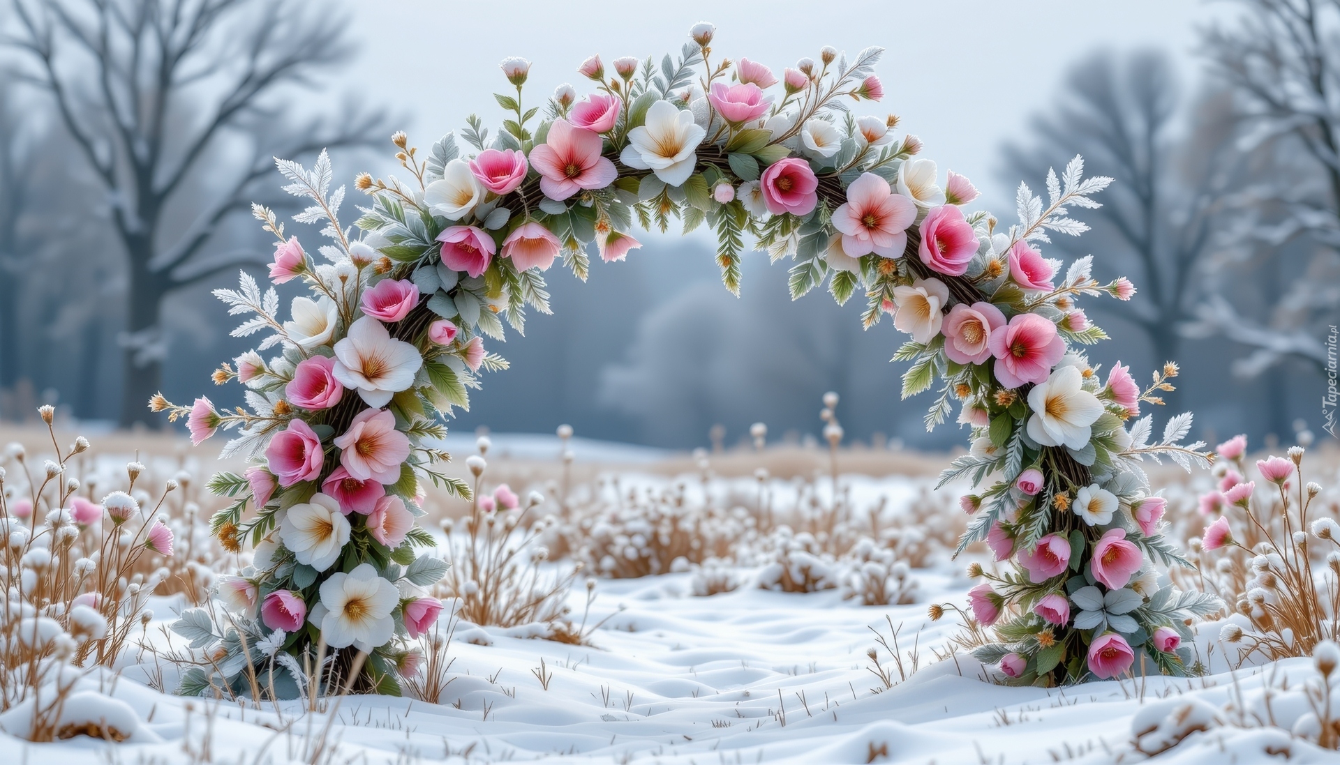 Zima, Łuk, Kwiaty, Roślinność, Drzewa, Śnieg