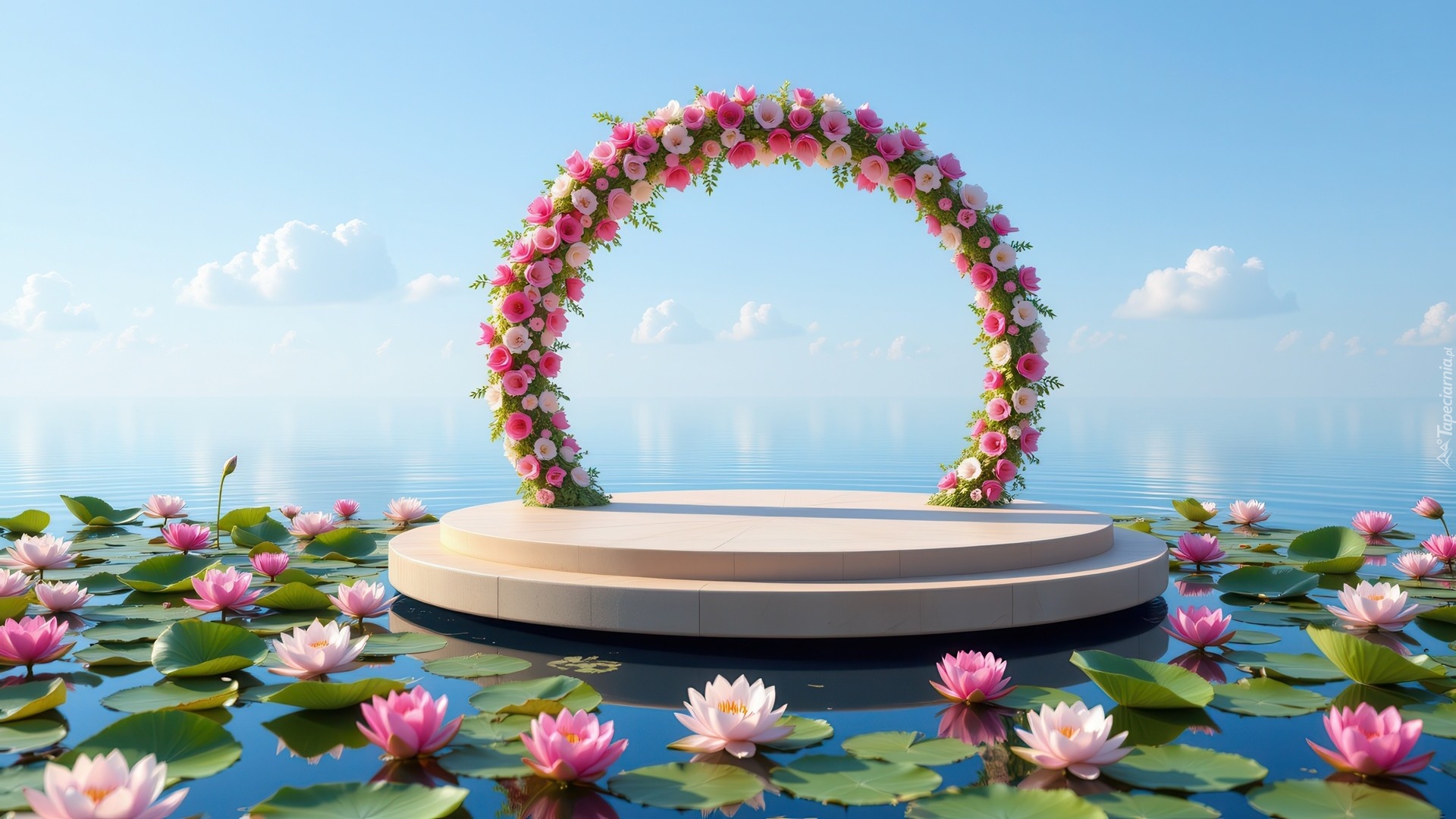 Podium, Morze, Kwiaty, Kwiatowy, Łuk, Lilie wodne, Al