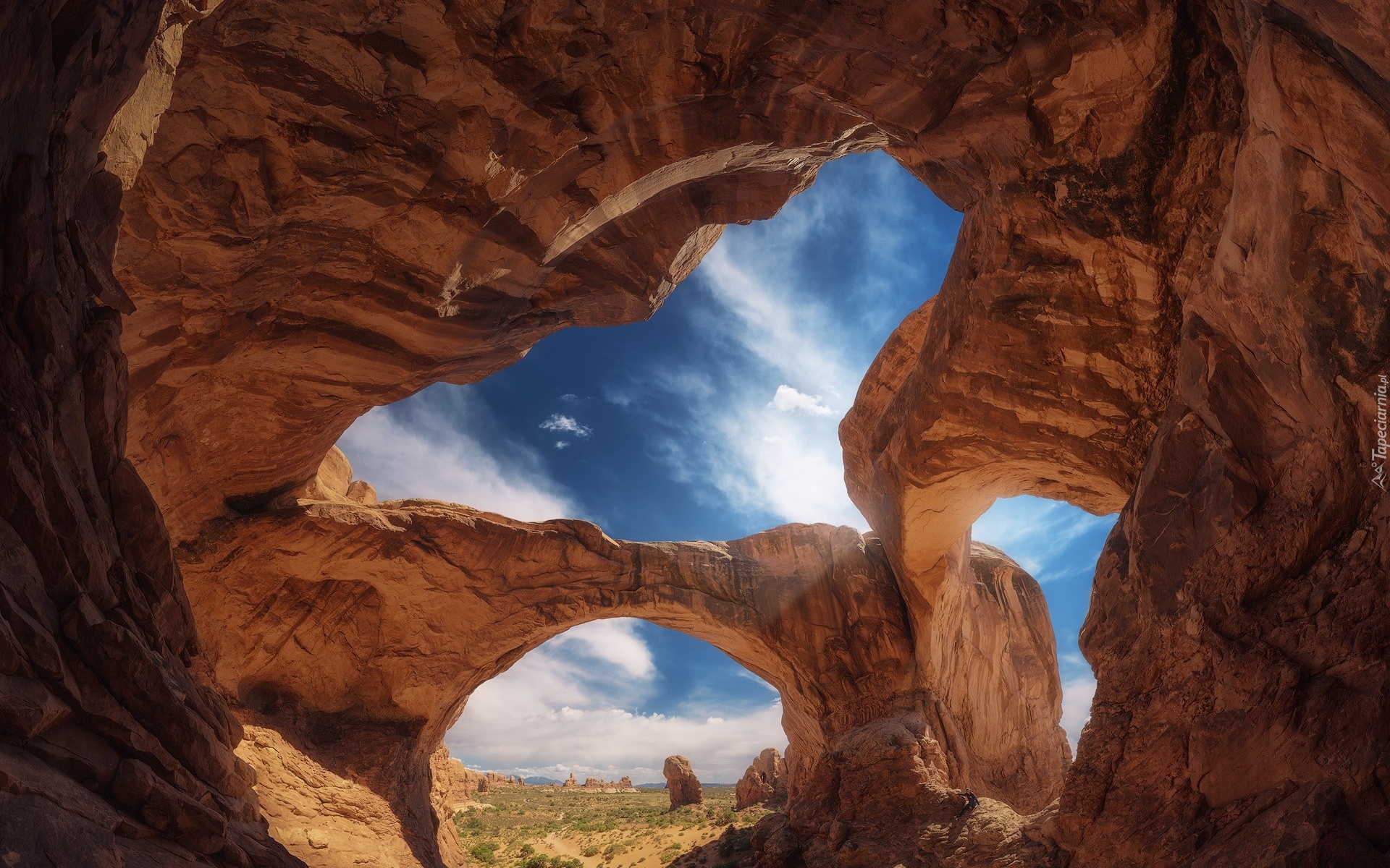 Park Narodowy Arches, Skały, Łuk skalny, Double Arch, Stan Utah, Stany Zjednoczone