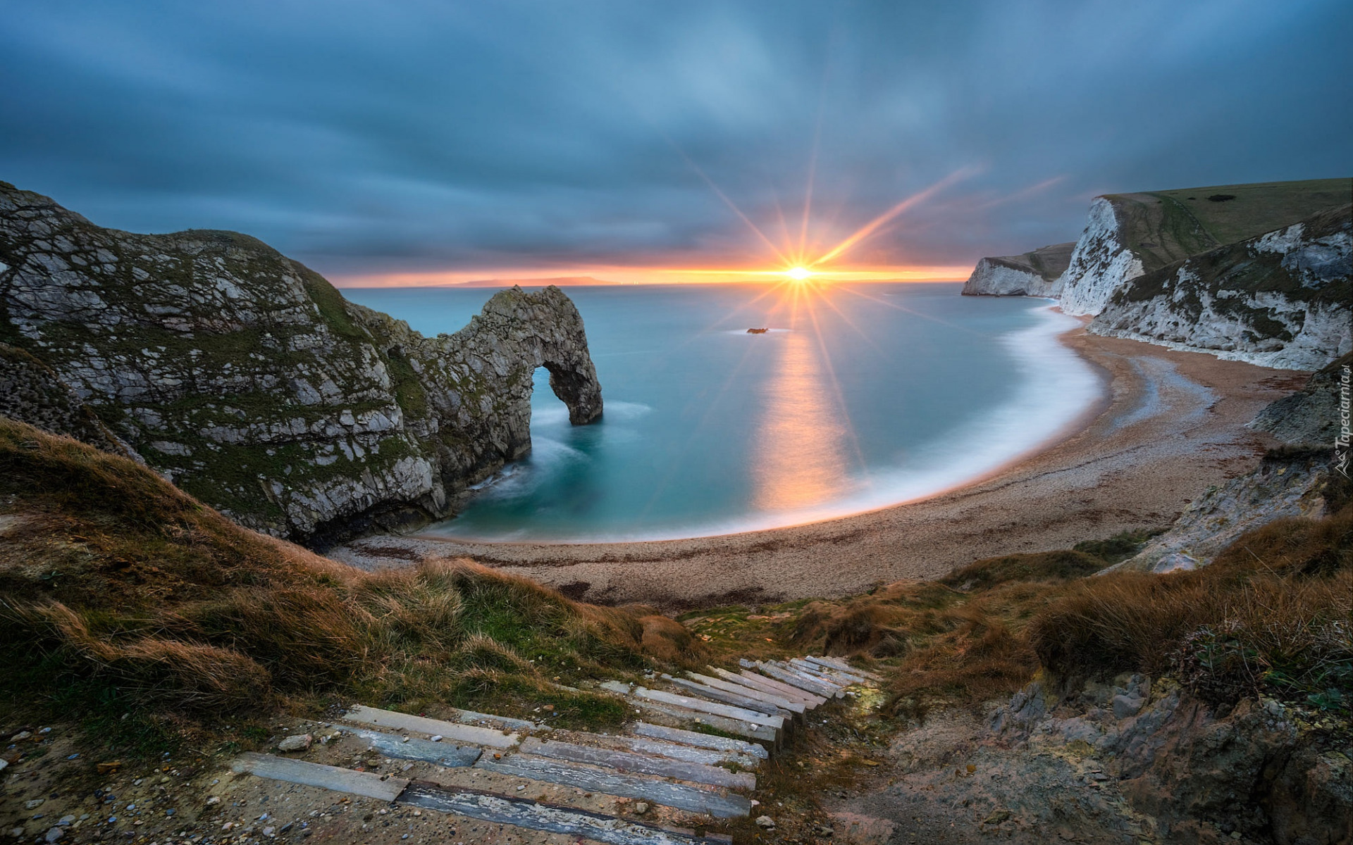 Anglia, Hrabstwo Dorset, Morze, Wybrzeże Jurajskie, Plaża, Schody, Skały, Durdle Door