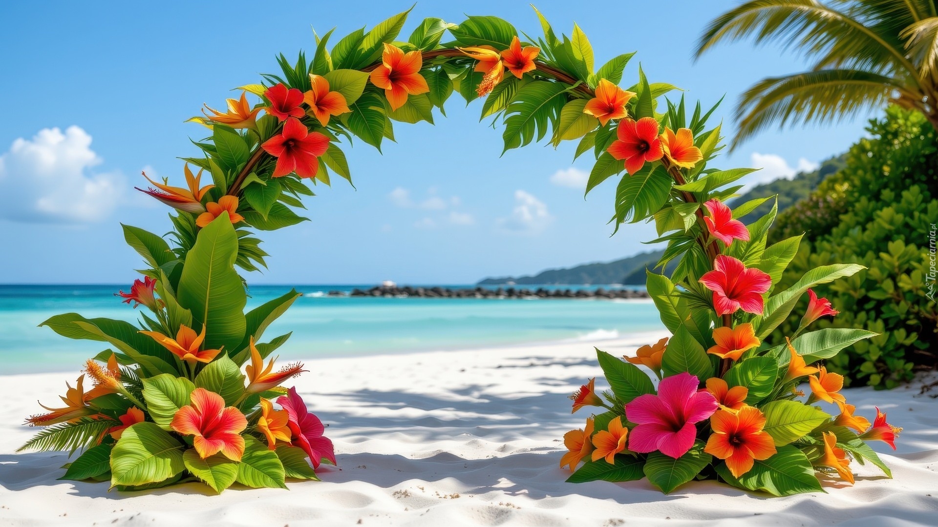 Kwiatowy, Łuk, Kolorowe, Kwiaty, Morze, Plaża, Liście, Palmy