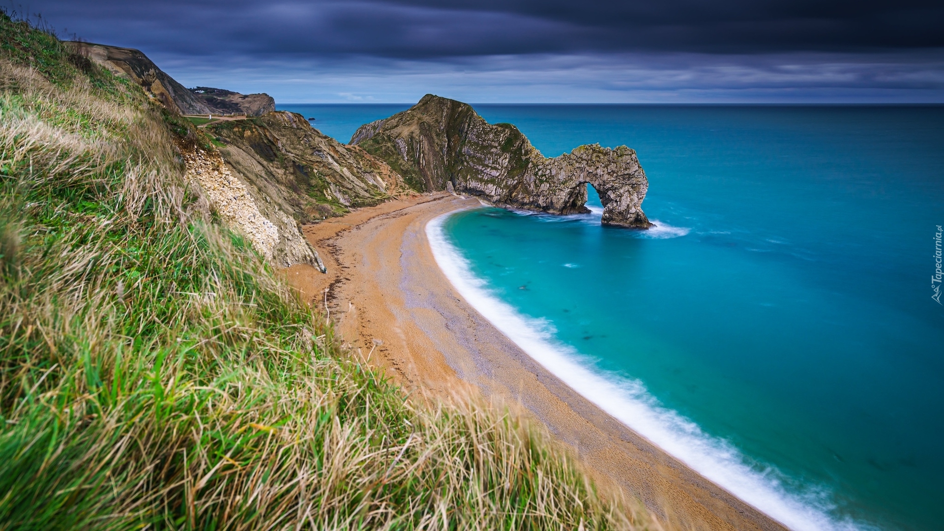 Anglia, Hrabstwo Dorset, Morze, Wybrzeże Jurajskie, Skała, Łuk wapienny, Durdle Door, Chmury, Trawy