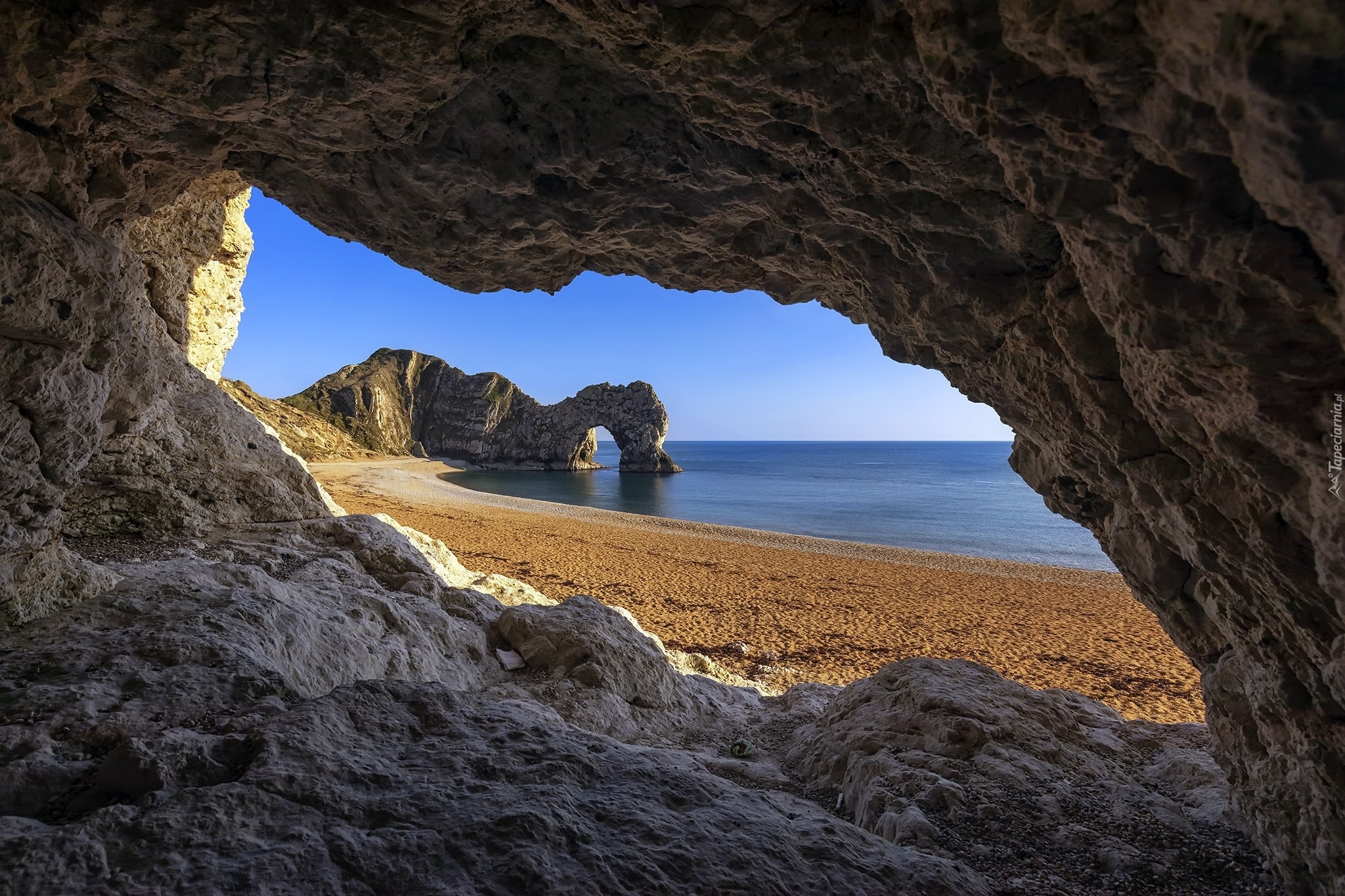 Łuk wapienny, Durdle Door, Wybrzeże Jurajskie, Plaża, Skały, Morze, Hrabstwo Dorset, Anglia