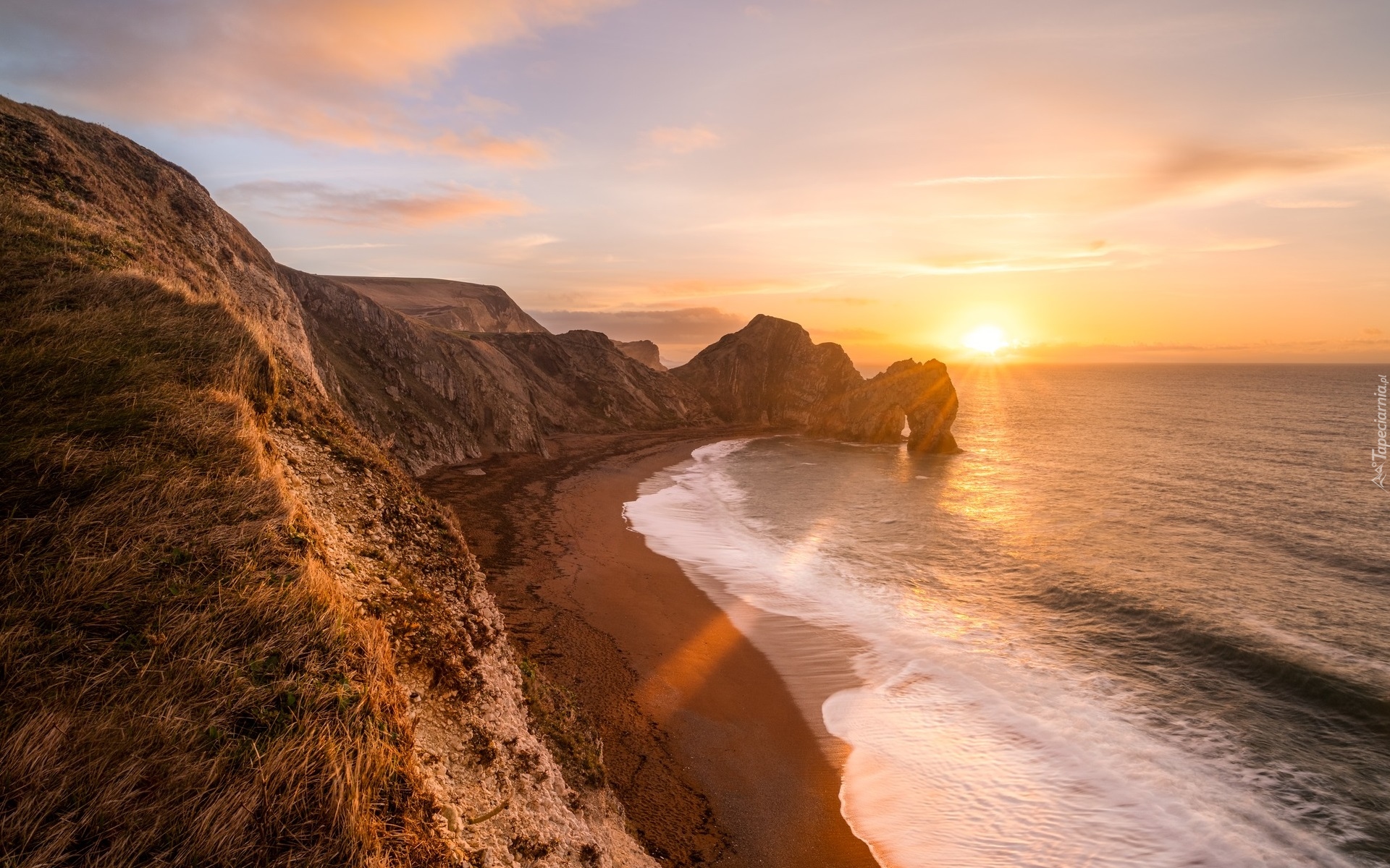 Anglia, Hrabstwo Dorset, Morze, Wybrzeże Jurajskie, Skała, Łuk wapienny, Durdle Door, Wschód słońca