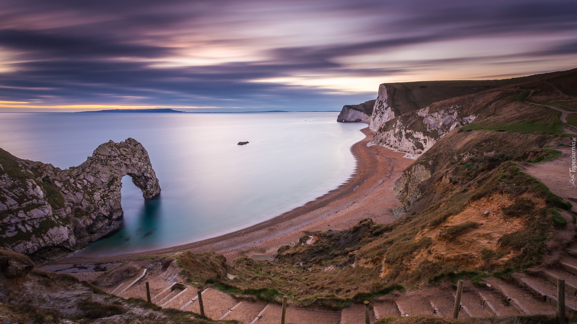 Anglia, Hrabstwo Dorset, Morze, Wybrzeże Jurajskie, Skały, Łuk wapienny, Durdle Door, Schody