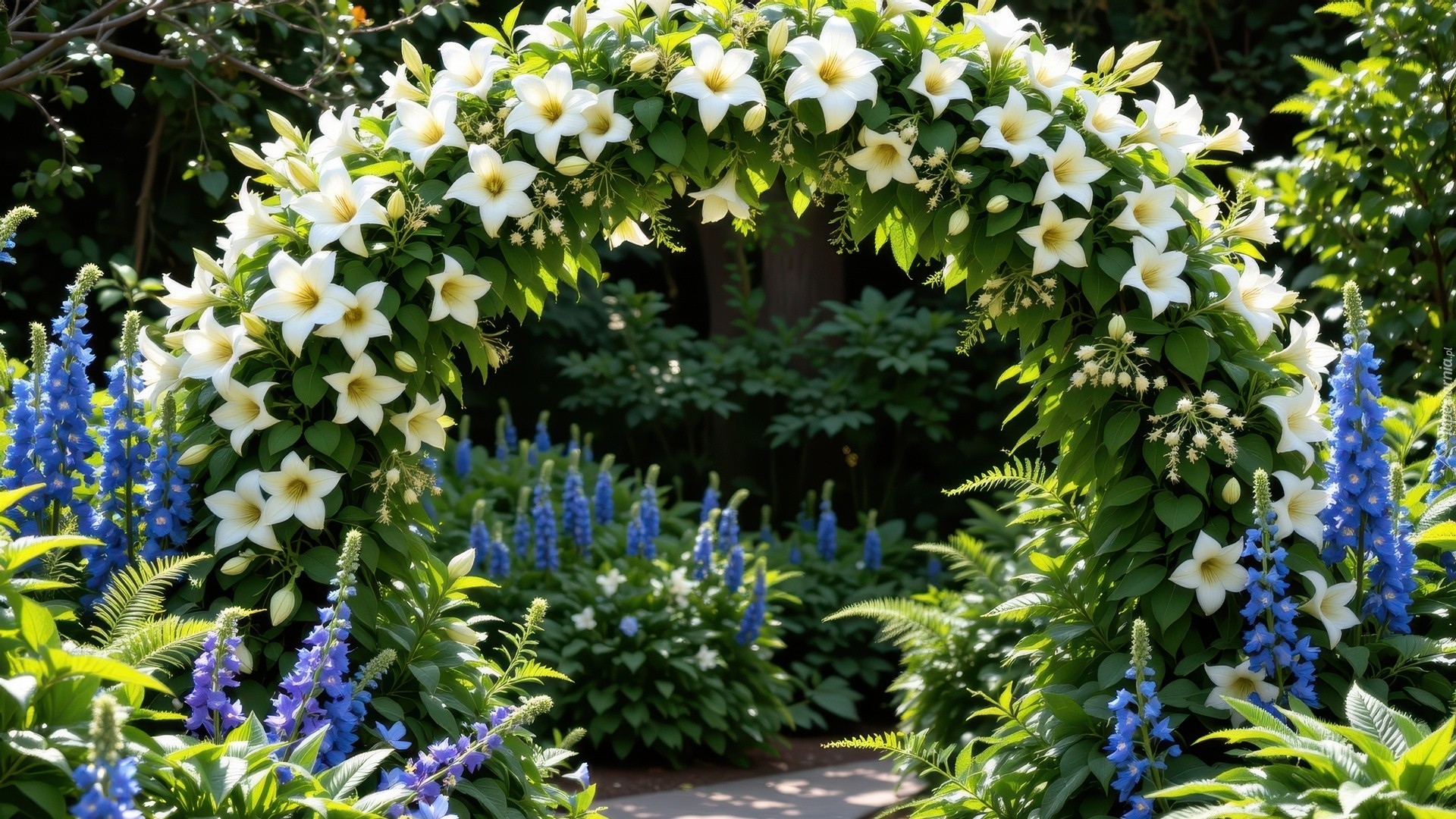 Ogród, Biały, Kwiatowy, Łuk, Niebieskie, Kwiaty, Rośliny