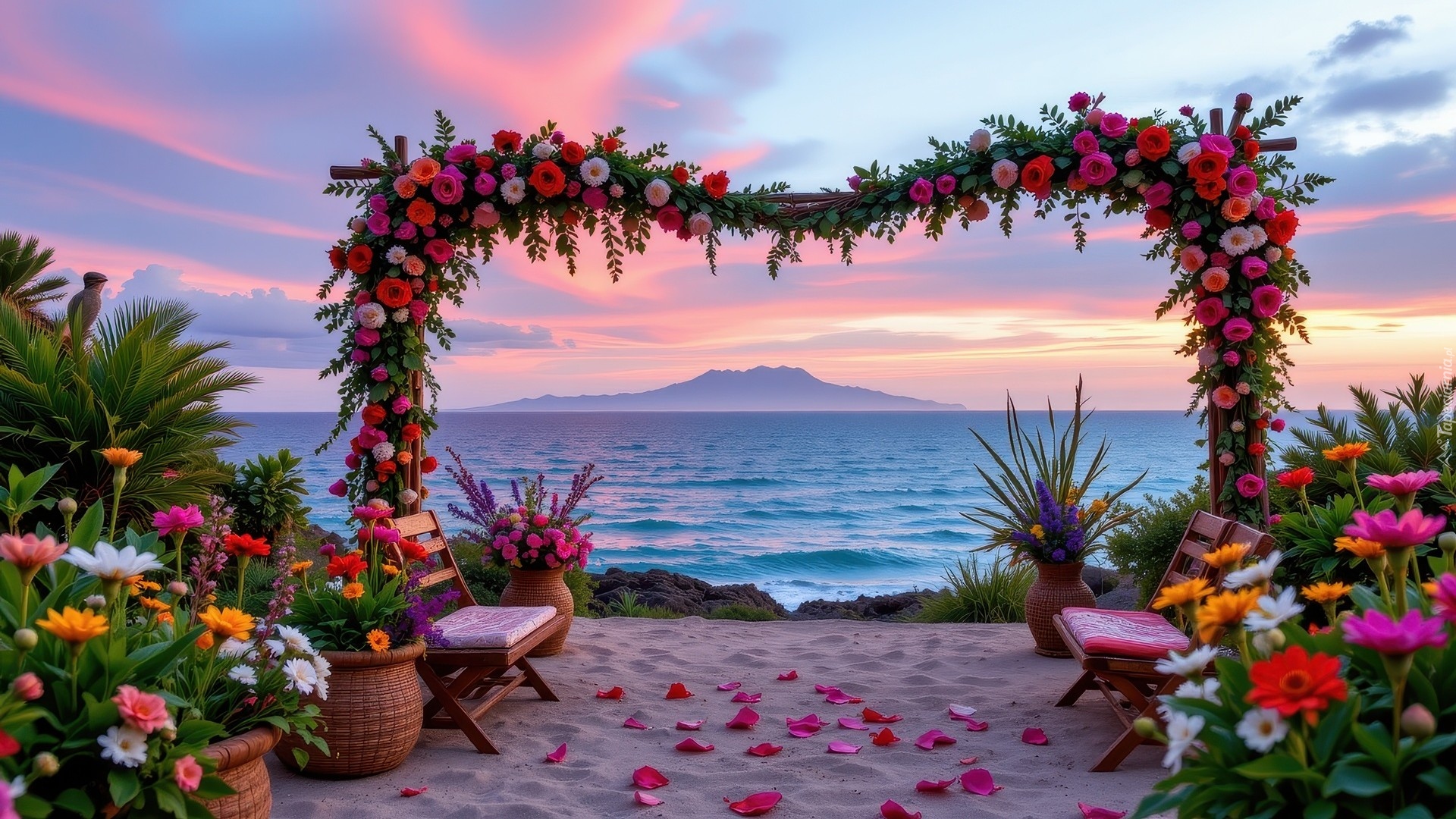 Kolorowe, Kwiaty, Krzesła, Wazony, Dekoracyjna, Brama, Plaża, Morze, Góra, Kolorowe, Niebo
