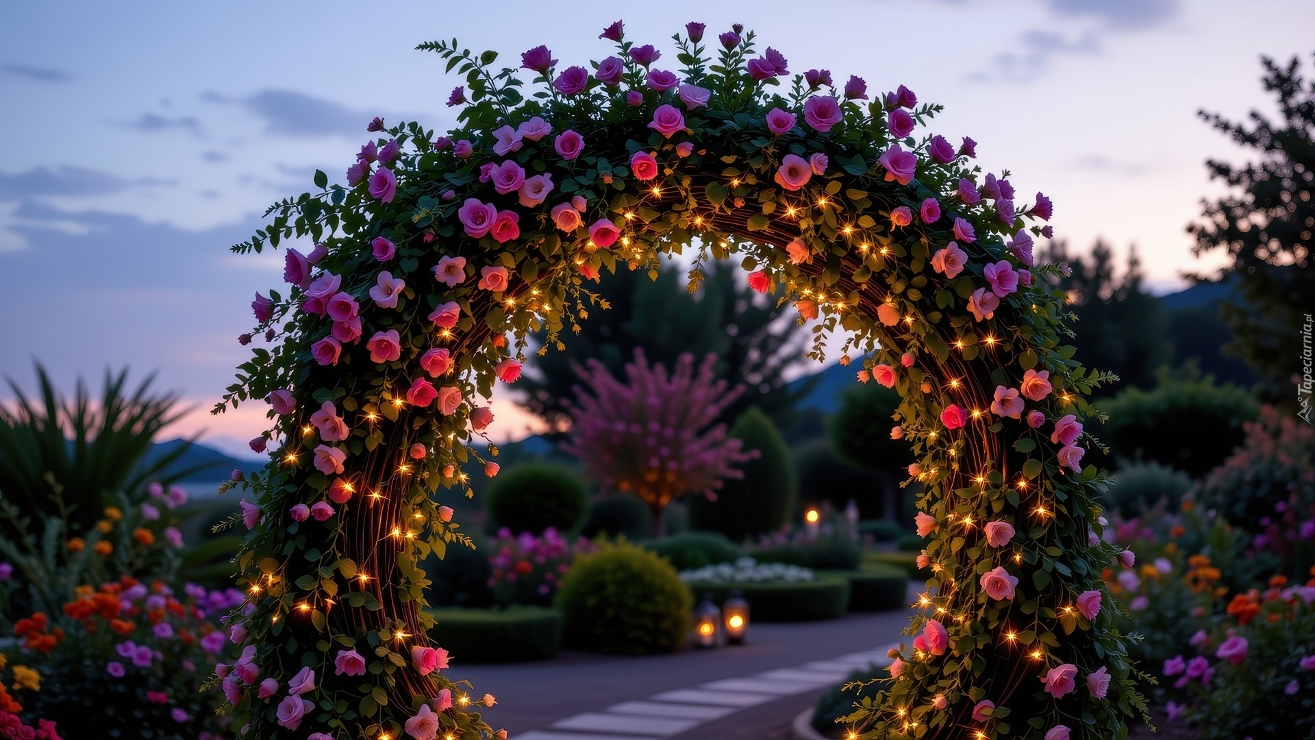 Ogród, Łuk, Kwiatowy, Rośliny, Lampiony, Alejka, Różowe, Kwiaty