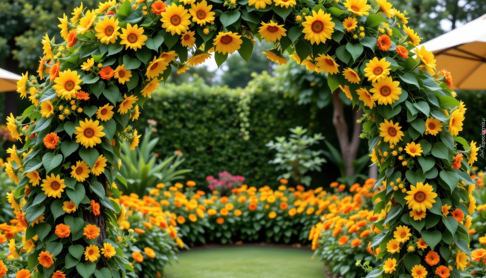 Ogród, Łuk, Kwiaty, Żółte, Pomarańczowe, Kwiaty, Liście, Grafika AI