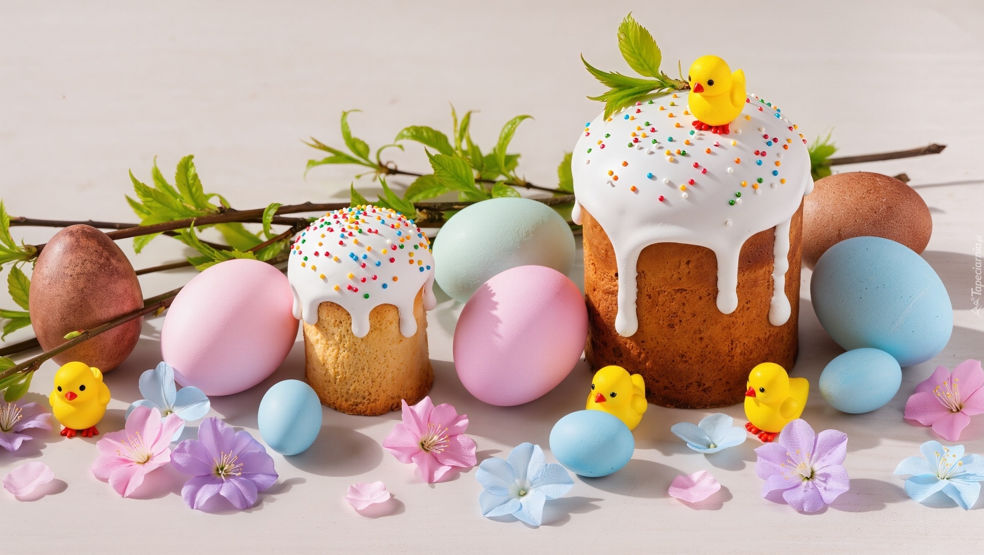 Wielkanoc, Pisanki, Babka, Wielkanocna, Gałązki, Kwiaty