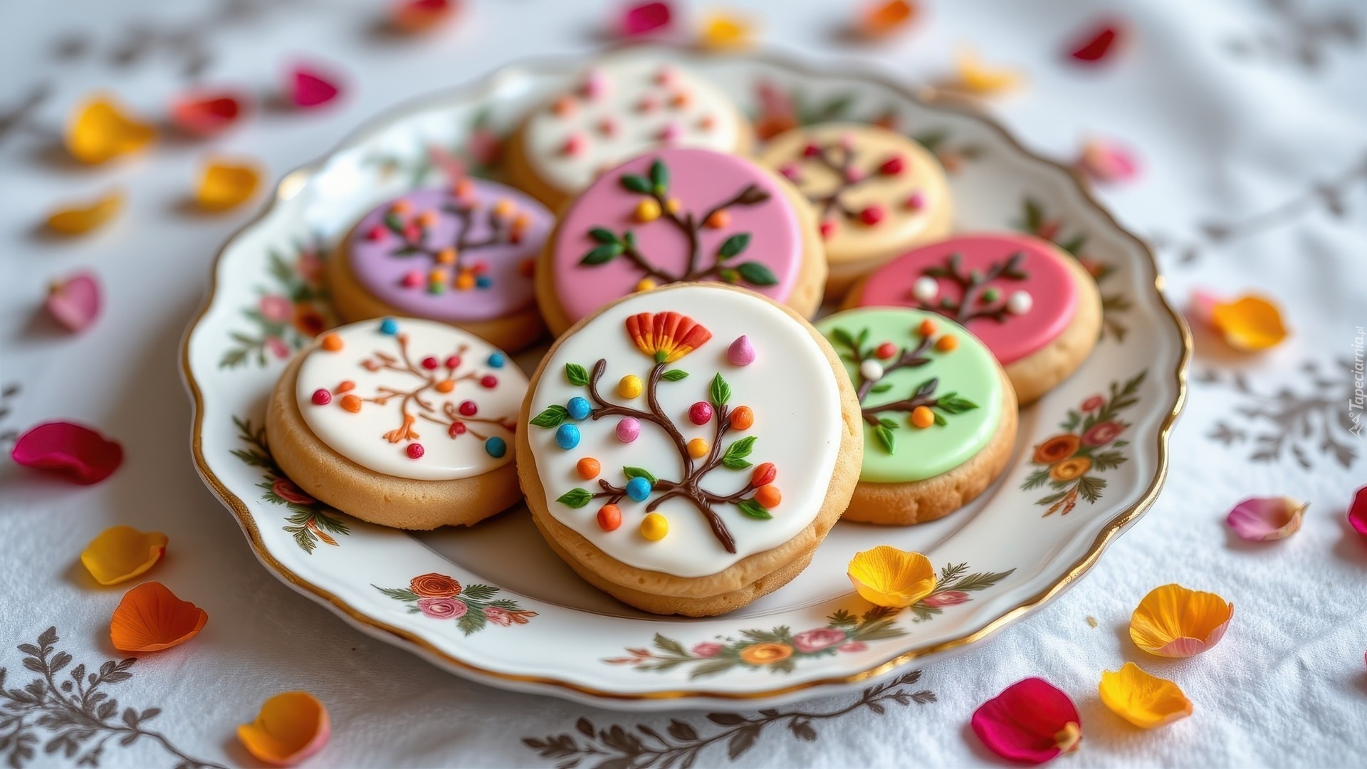Kolorowe, Lukrowane, Ciastka, Talerz, Żółte, Czerwone, Płatki, Kwiatów