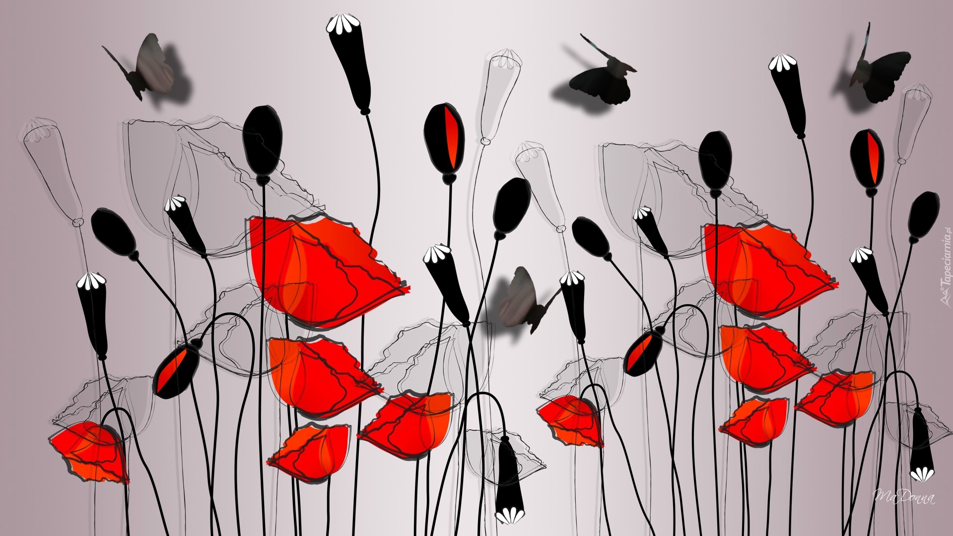 Kwiaty, Maki, Motyle, Grafika 2D