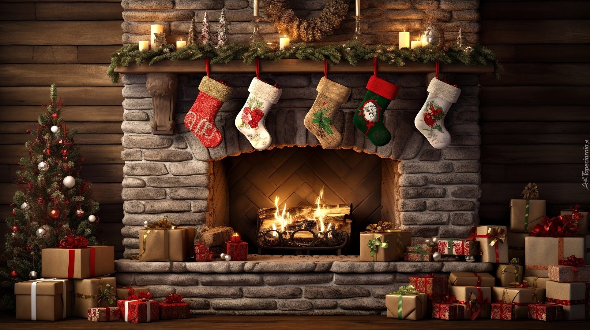 Boże Narodzenie, Kominek, Prezenty, Choinka, Grafika AI