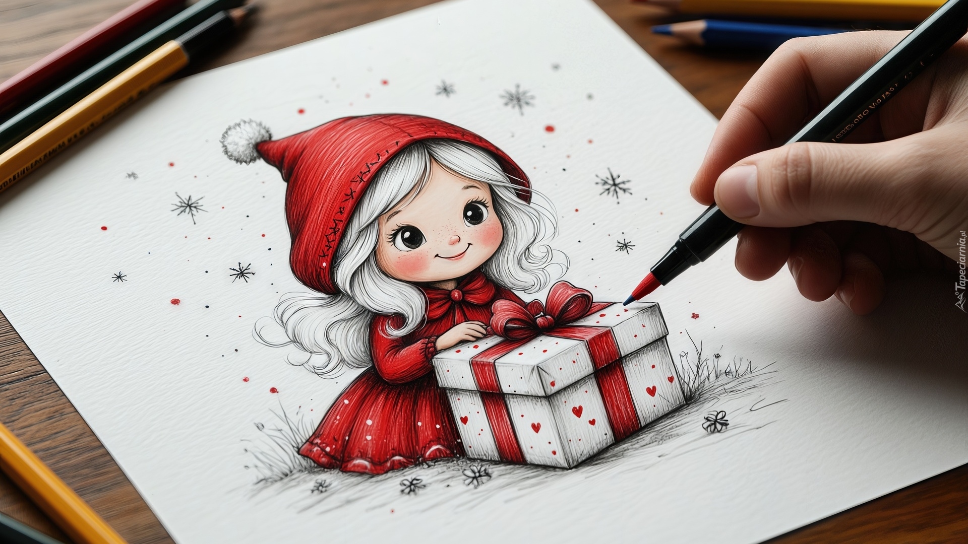 Rysunek, Mała, Dziewczynka, Czerwone, Ubranko, Prezent