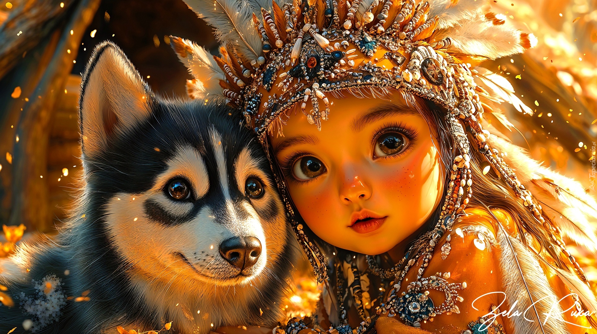 Dziewczynka, Pióropusz, Pies, Szczeniak, Grafika AI