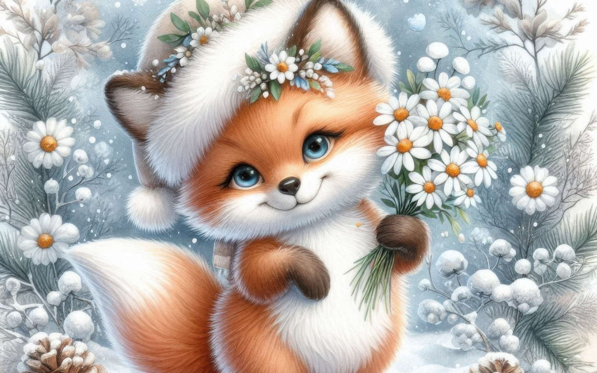 Śnieg, Kwiaty, Stokrotki, Mały, Lis, Czapka, Uśmiech, Szyszki, Gałązki, Grafika AI