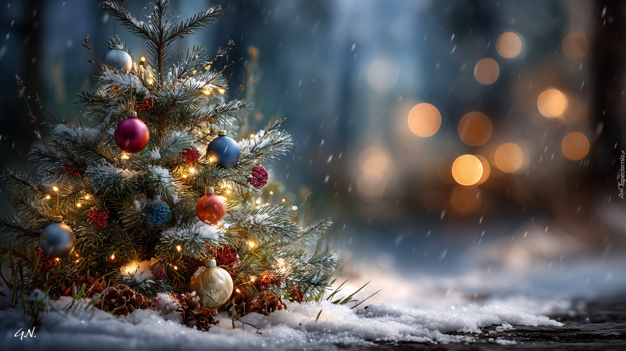 Boże Narodzenie, Choinka, Bombki, Śnieg, Grafika AI