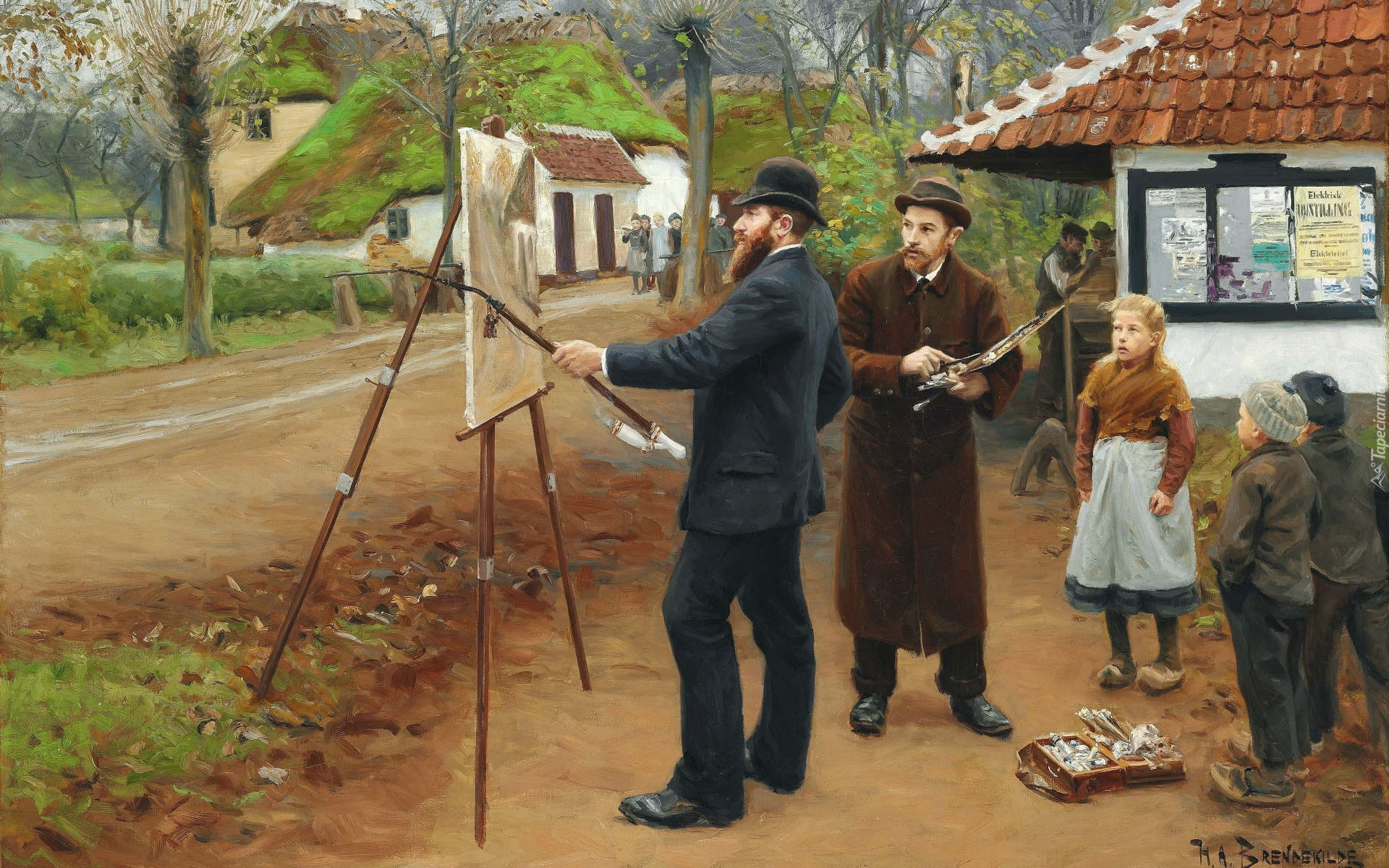 Malarstwo, Obraz, Hans Andersen Bradekilde, Wieś, Droga, Mężczyźni, Malujący, Lauritz Andersen Ring, Sztaluga, Dzieci