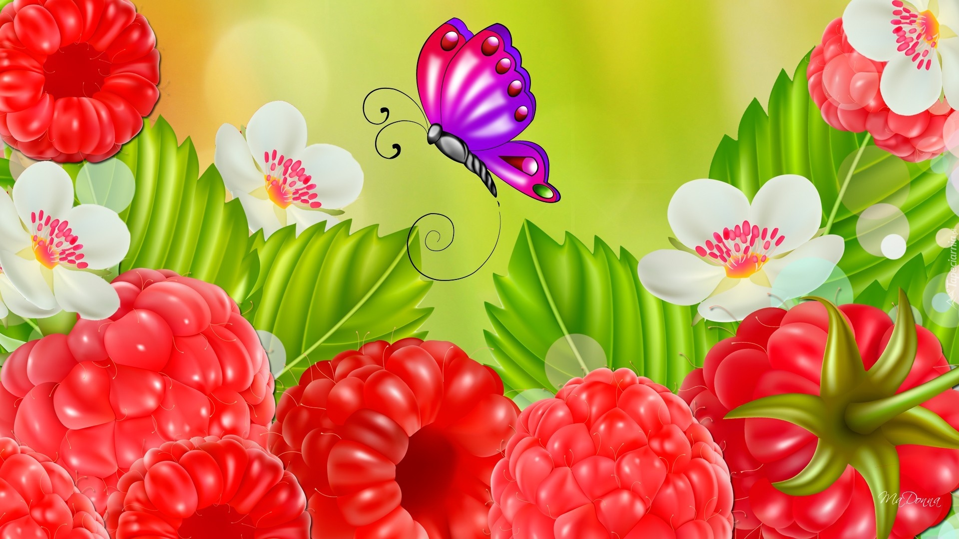 Motyl, Maliny, Kwiaty, Liście, 2D