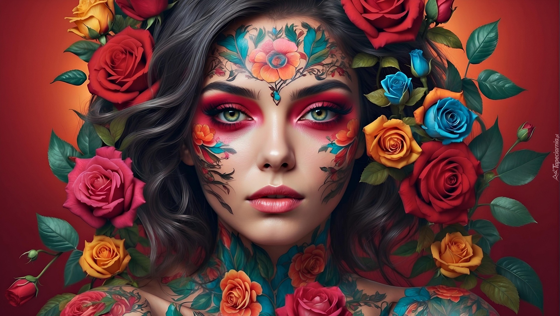 Makijaż, Twarz, Dziewczyny, Kwiaty, Róże, Kolorowe, Tatuaż, Grafika