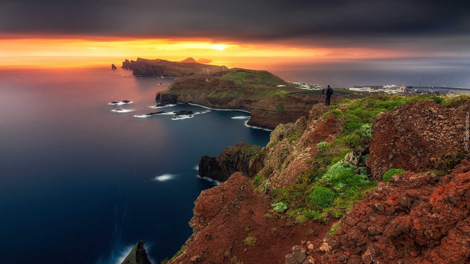 Portugalia, Madera, Ponta de Sao Lourenco, Półwysep Świętego Wawrzyńca, Morze, Klify, Fotograf, Zachód słońca