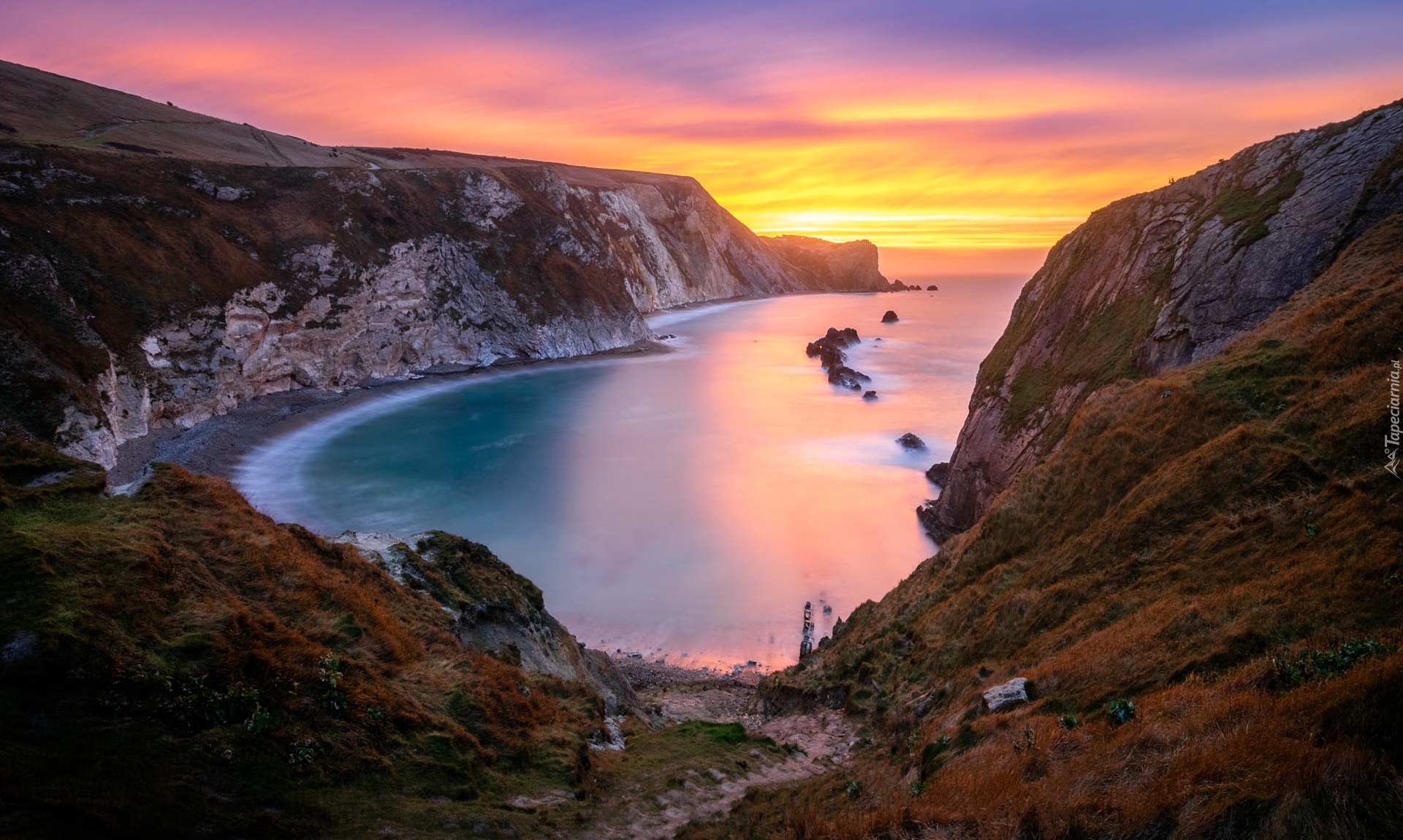 Anglia, Hrabstwo Dorset, Morze, Zatoka Man OWar, Góry, Skały, Zachód słońca