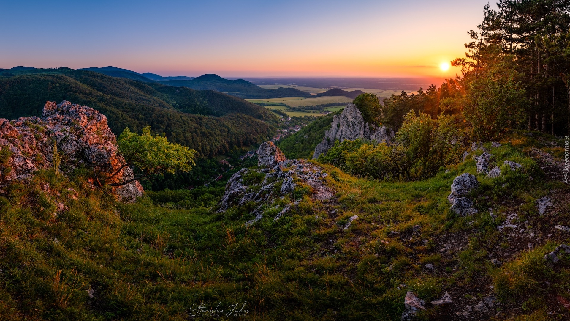 Słowacja, Góry, Zachód słońca, Skały, Drzewa