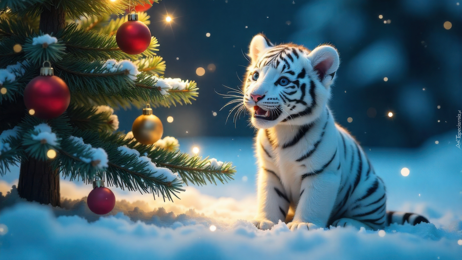 Młody, Tygrys, Zima, Śnieg, Choinka, Bombki, Grafika AI