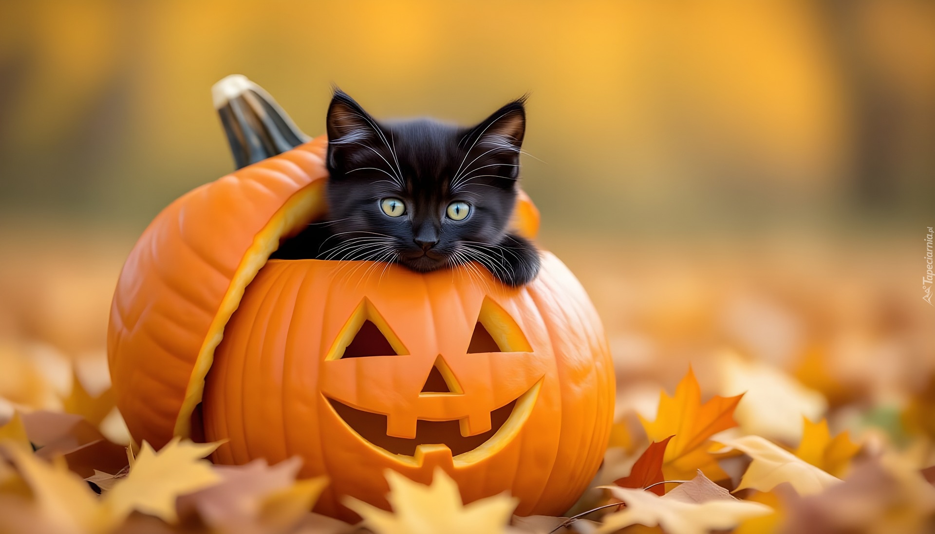 Jesień, Halloween, Czarny, Mały, Kot, Dynia, Liście, Grafika AI