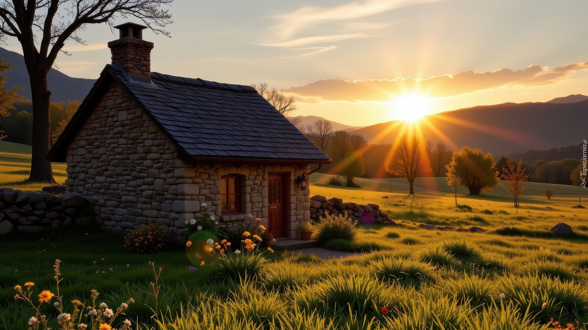 Dom, Zachód słońca, Góry, Drzewa, Trawa, Kwiaty, Promienie słońca