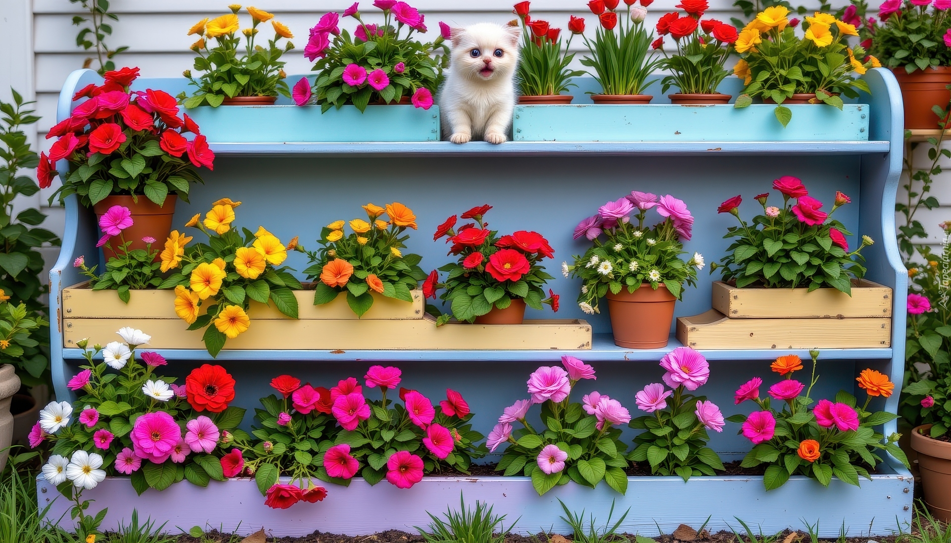 Kot, Kwiaty, Doniczki, Skrzynki, Półki, Niebieskie