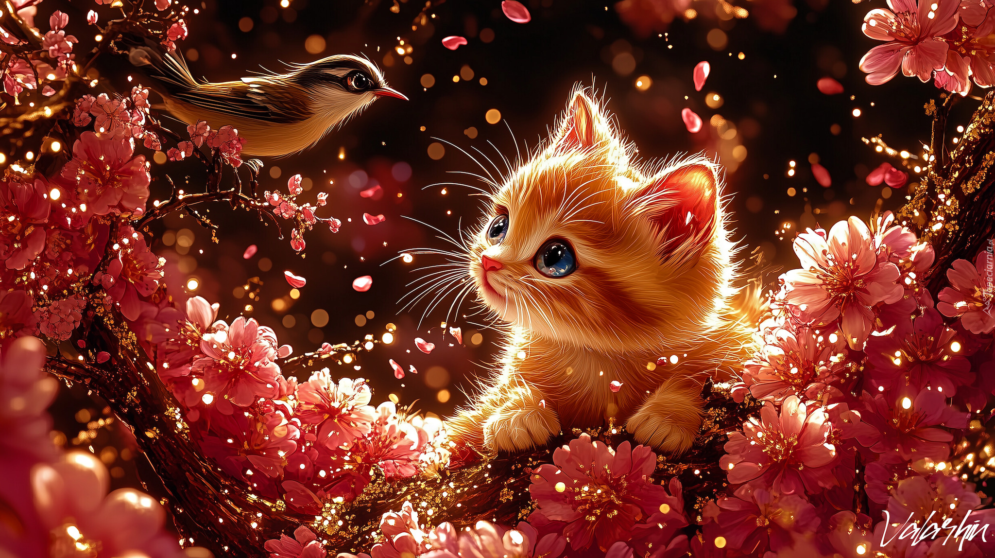 Grafika, Mały, Kot, Ptak, Kwiaty