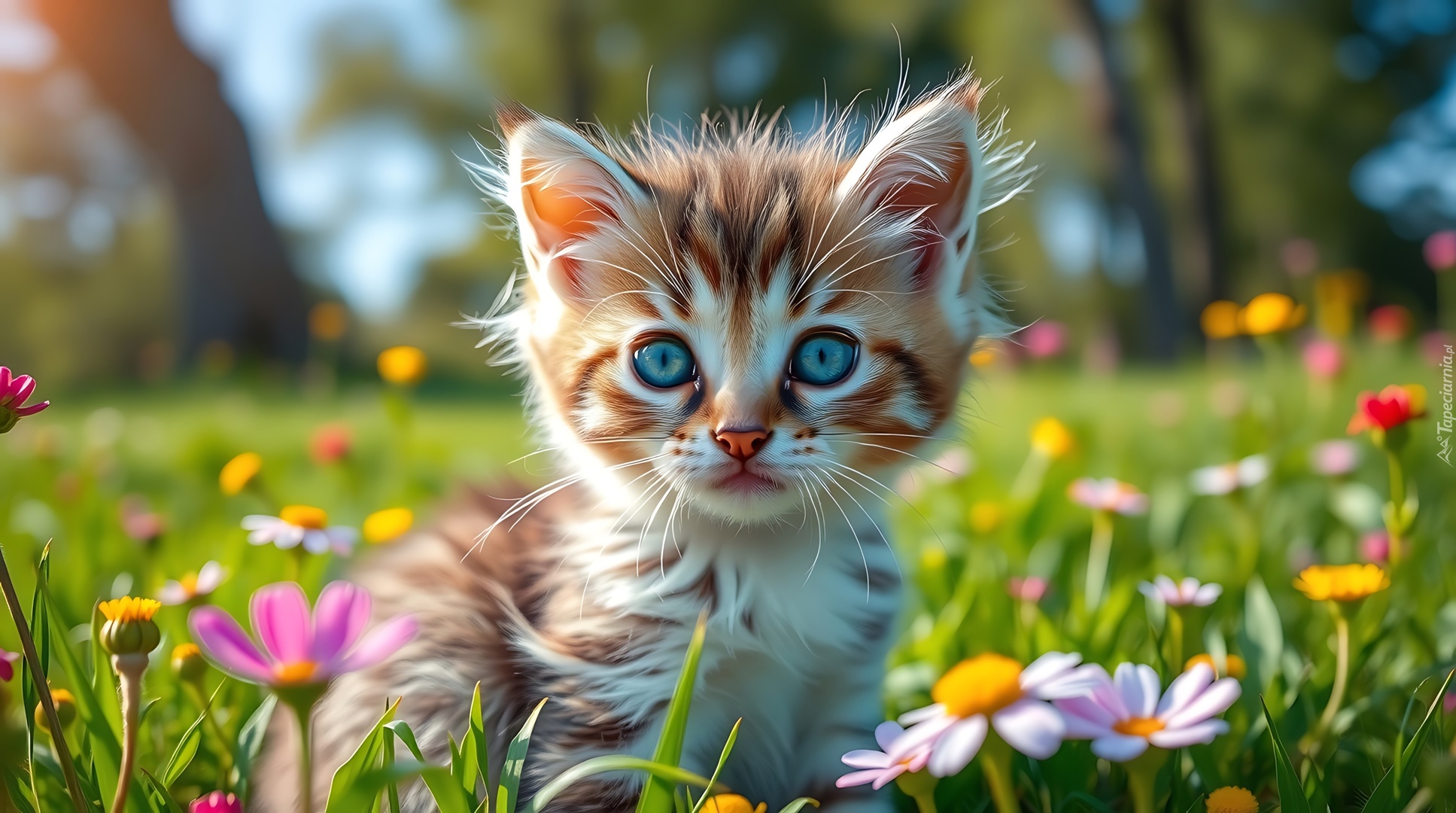 Kot, Kotek, Łąka, Kwiaty, Grafika AI