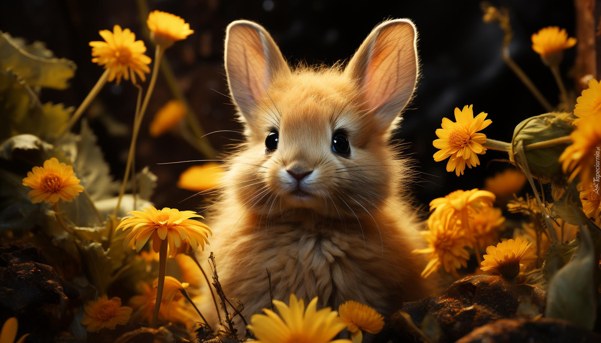 Mały królik wśród roślin i kwiatów