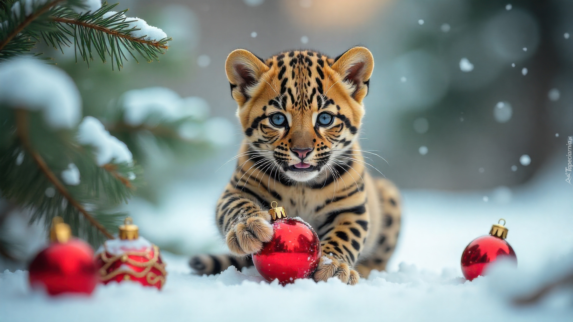 Mały, Lampart, Śnieg, Gałązki, Czerwone, Bombki, AI