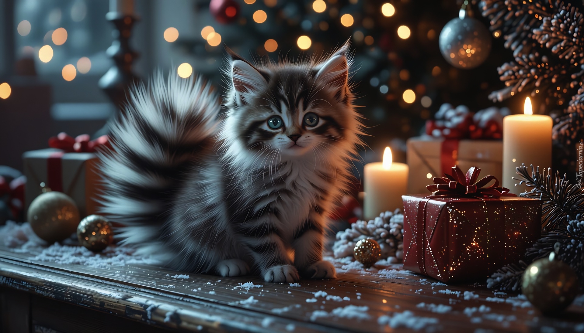Kot, Prezent, Świece, Choinka, Grafika AI