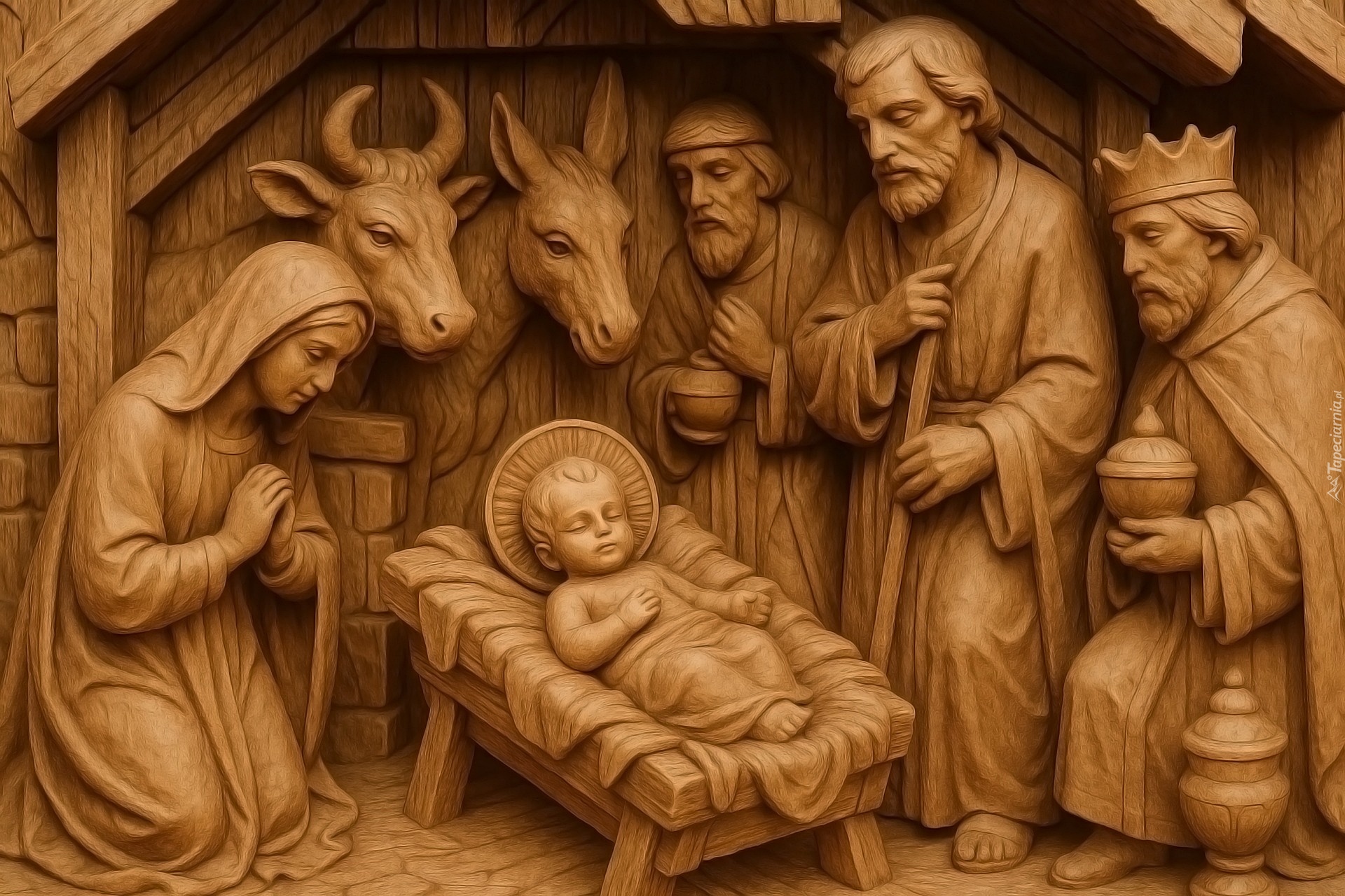 Rzeźba, Boże Narodzenie, Jezus, Maryja, Józef, Królowie, Zwierzęta, Stajenka
