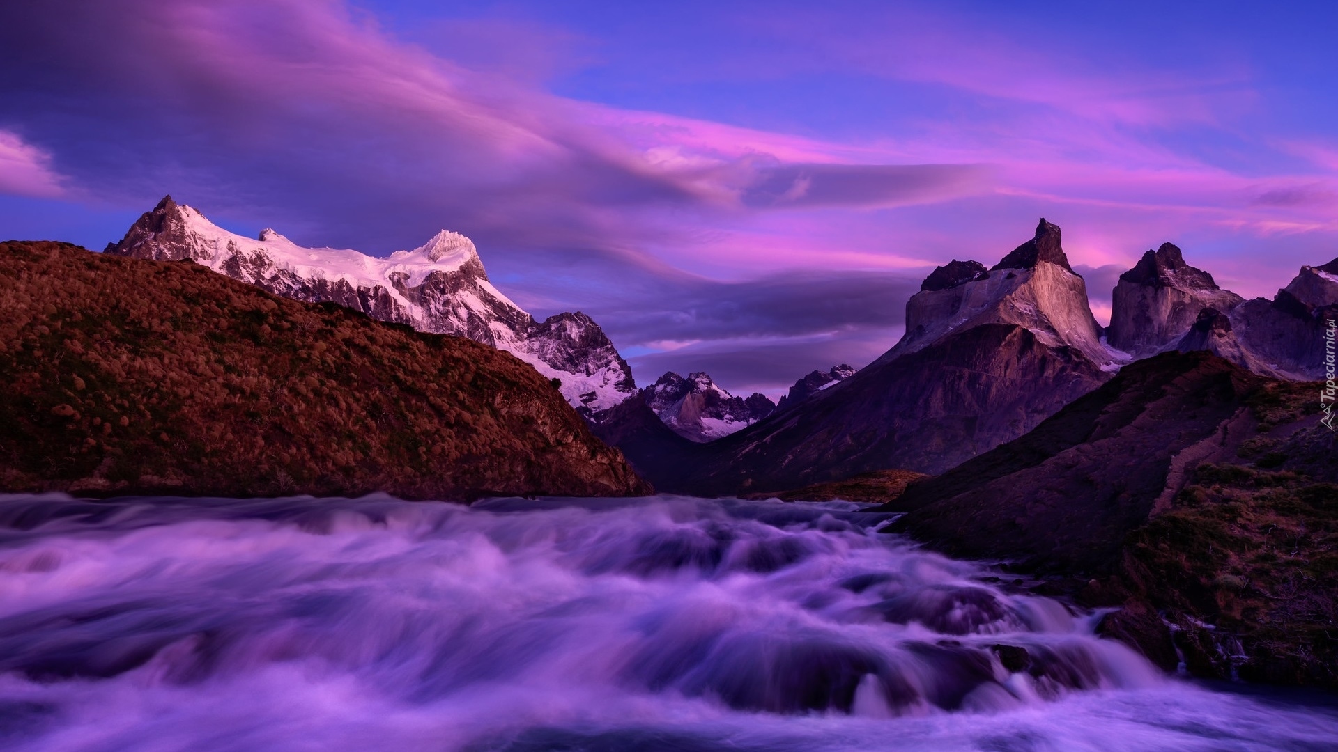 Góry, Cordillera del Paine, Masyw, Torres del Paine, Rzeka, Kolorowe, Niebo, Park Narodowy Torres del Paine, Patagonia, Chile