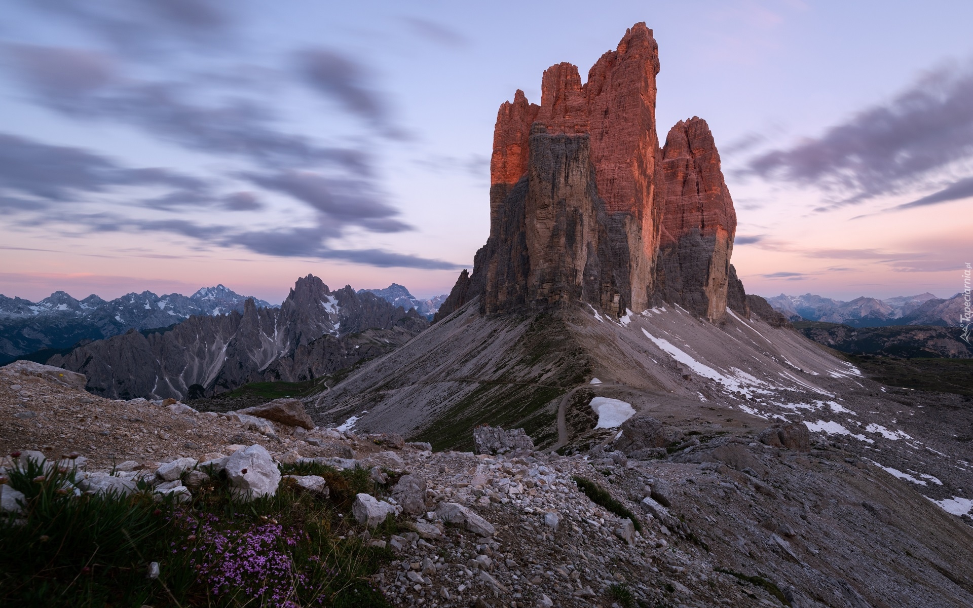 Dolomity, Góry, Masyw, Tre Cime di Lavaredo, Zachód słońca, Włochy