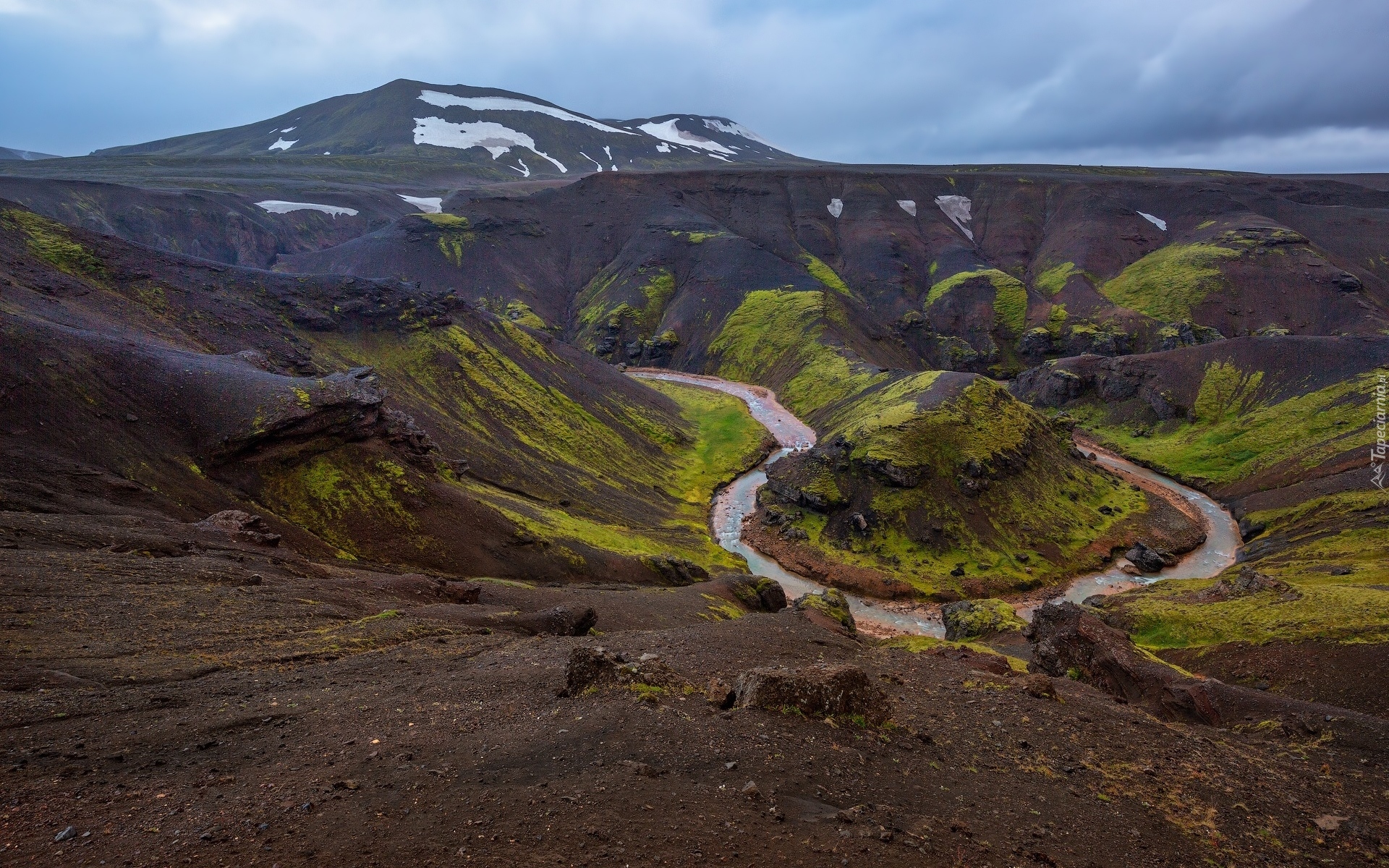 Góry, Masyw wulkaniczny, Kerlingarfjoll, Skały, Rzeka, Zakole, Islandia