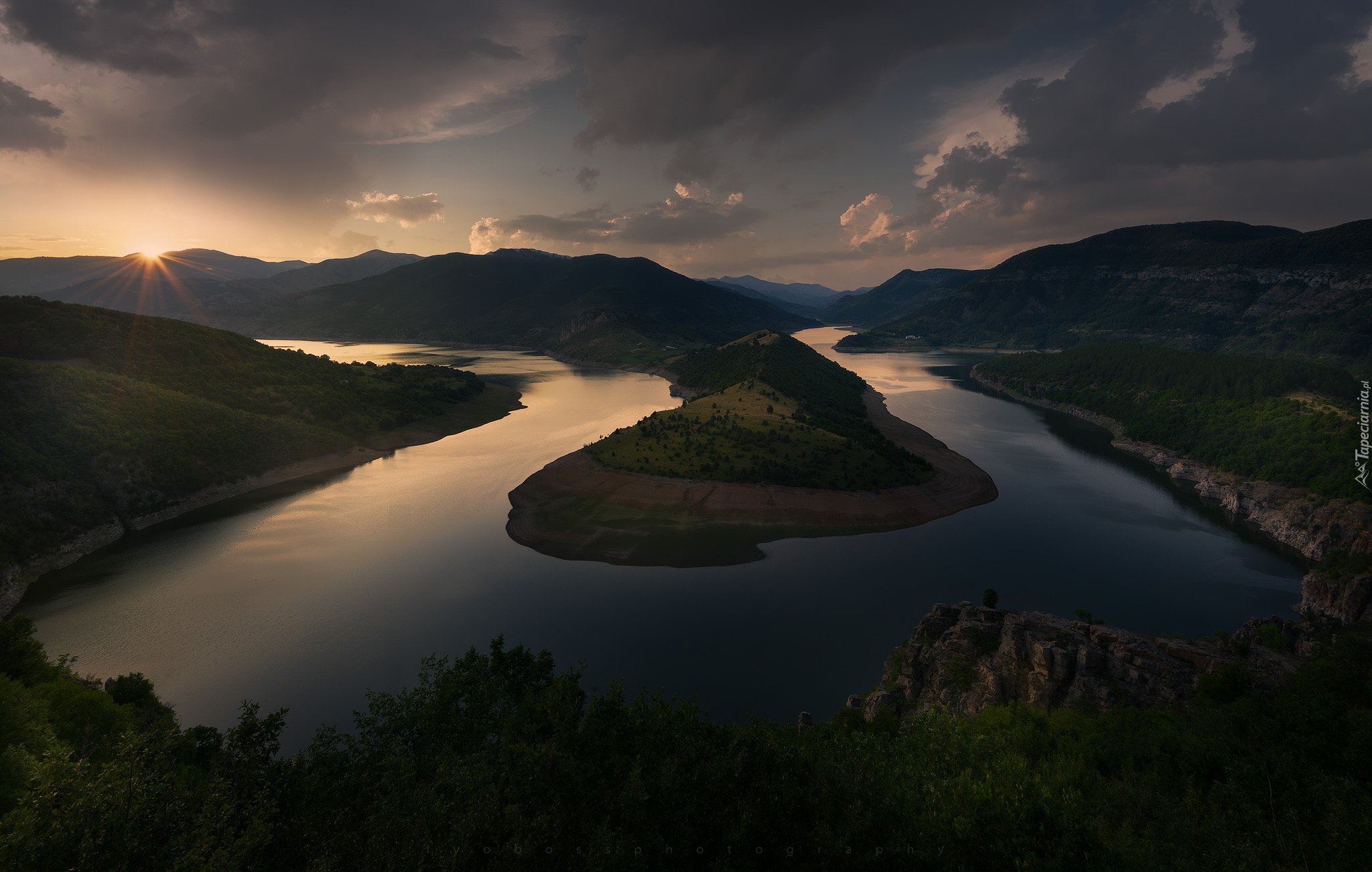 Rzeka Arda, Bułgaria, Zakole, Meander, Góry Rodopy, Zachód słońca
